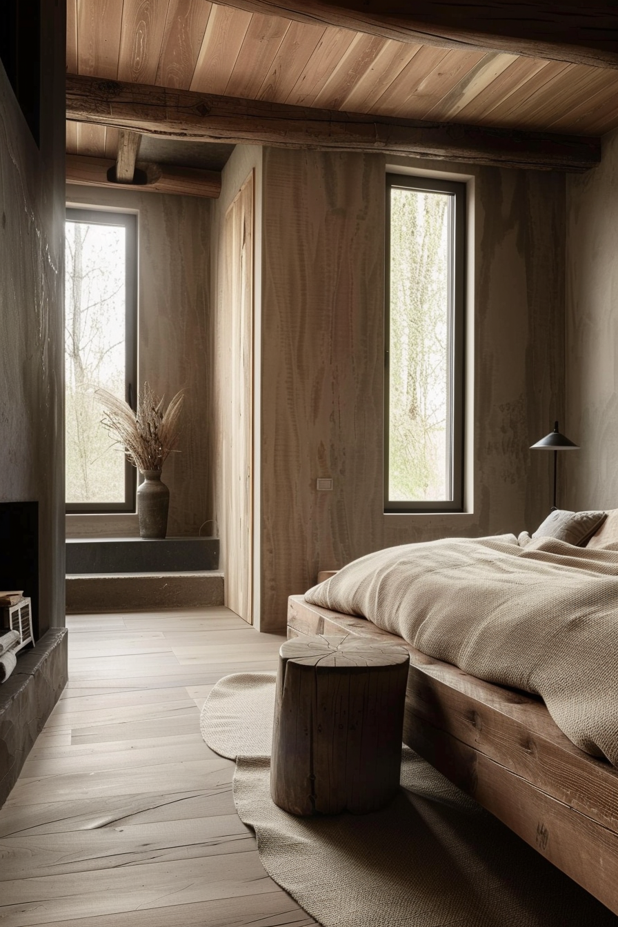 The room is warmly lit with natural light coming through a large window on the right side, which showcases a view of trees and overcast sky. The interior is rustic and invokes a sense of coziness with its natural wood finish that adorns the floors, ceiling, and the frame of a doorway on the left. The focus of the room is a large wood-framed bed with a beige bedspread, positioned on the right. To its side, there's a simple wooden stool. A couple of layered rugs lie on the floor, contributing to the room's earthy tones. There's a vase with dried plants on a windowsill to the left, adding a touch of nature to the room. The far left corner features what appears to be a small fireplace or stove with visible concrete accents. The overall atmosphere of the room is serene, with a minimalist design emphasizing natural materials and textures. A peaceful bedroom with rustic wooden decor and natural light highlighting a cozy bed and minimalist furnishings.