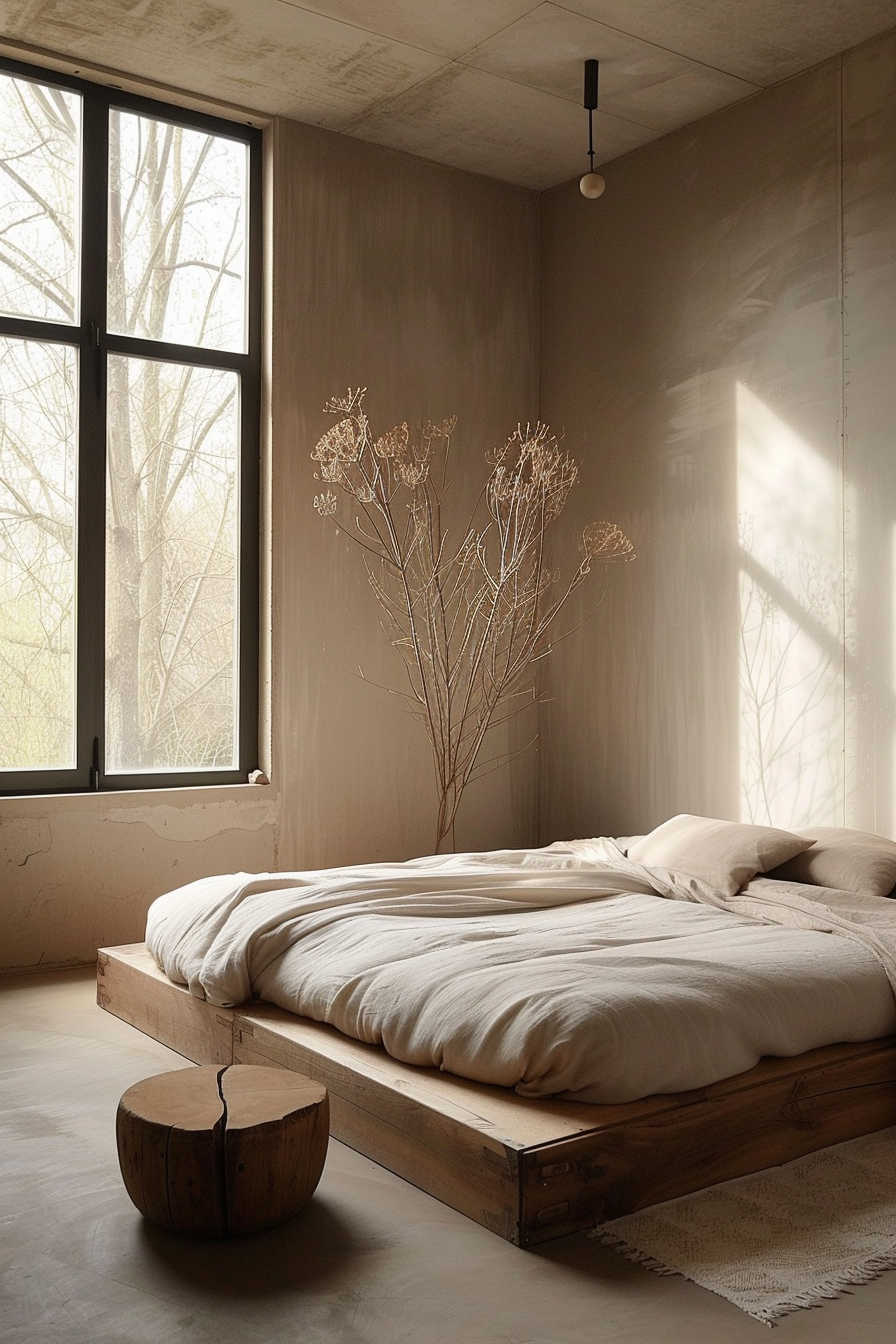 The image shows a serene and minimalist styled bedroom. Natural light streams in through a large window with a black frame, illuminating the room and casting a shadow pattern on the wall. The wall itself has a warm, neutral tone that complements the simple color palette of the space. A low wooden platform bed occupies the center of the room, with a soft-looking white duvet and several matching pillows. Next to the bed, there's a round wooden stool with a split design, providing a rustic touch. A solitary pendant light with a single bulb hangs from the ceiling, adding to the room's modern aesthetic. In the corner, dried plants add a natural element and a bit of height to the space. The overall ambiance of the room is one of calm and understated elegance.