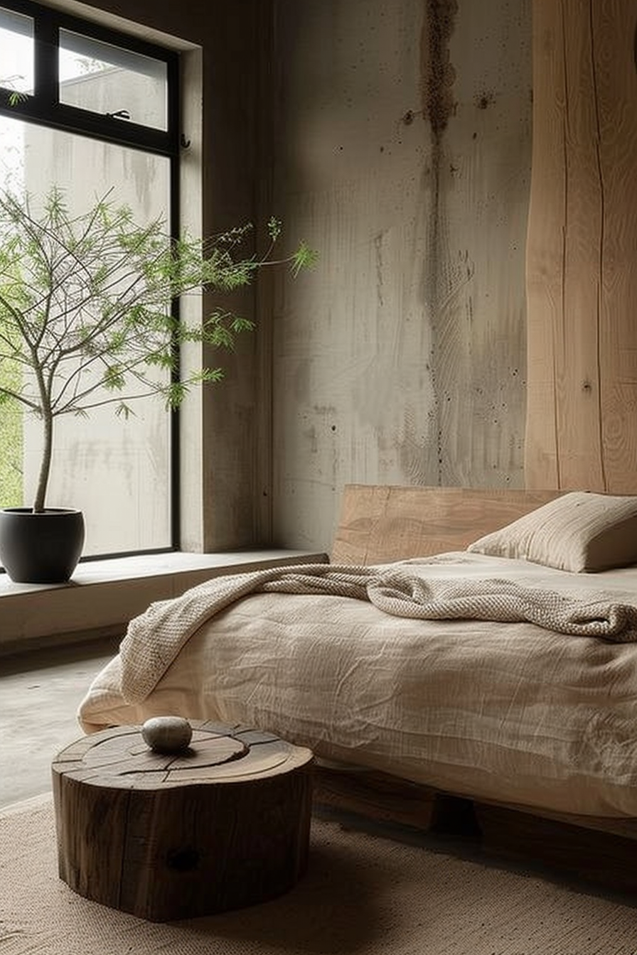 The scene is of a bedroom with a minimalist and natural design aesthetic. The room is filled with neutral tones, featuring various shades of brown. To the left, a large window with black frames lets in natural light, next to which a delicate green plant in a black pot provides a touch of nature. The plant sits on a low, wide windowsill that complements the room's organic feel. A bed is positioned towards the right side of the image, with a headboard and frame made of light natural wood, blending harmoniously with the wood-paneled wall behind it. The bed is dressed in linen bedding in a pale beige color, with a creased texture that adds a cozy and inviting appearance. A knitted throw is casually draped over the foot of the bed, suggesting relaxation and comfort. In the foreground, a small, round wooden side table made from a slice of a log serves as a simple, rustic-style nightstand. On this table rests a round, smooth stone, which acts as a natural decorative element. The flooring appears to be covered with a large, woven mat or carpet that complements the room's earthy palette. This image encapsulates a serene and tranquil bedroom environment, highlighting the use of natural materials and simplicity in interior design.