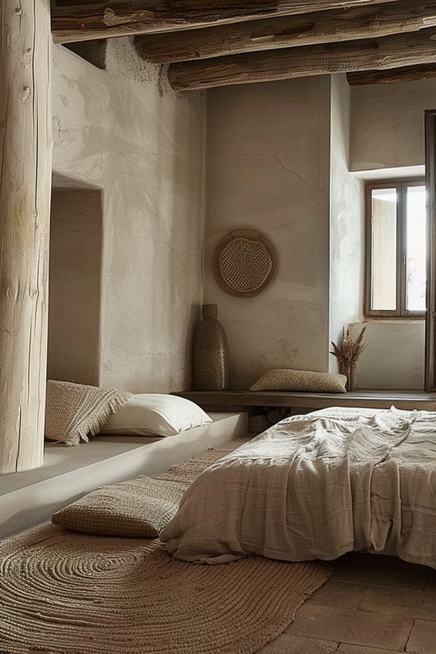The image shows a serene bedroom in a rustic style with a calming, neutral color palette. There is a bed with a textured coverlet in the foreground that looks soft and inviting. The room features natural materials prominently, with a large, round woven rug on the floor, and additional woven elements such as decorative items on the walls. Exposed wooden beams add to the rustic charm, while pillows and throw cushions add to the comfort of the space. There is a window that allows natural light to filter into the room, highlighting the simplicity and warmth of the design. The walls are finished in what appears to be a smooth plaster or stucco, adding to the organic and handmade feel of the environment. Overall, it embodies a peaceful and minimalist aesthetic that suggests a connection to nature and traditional craftsmanship.