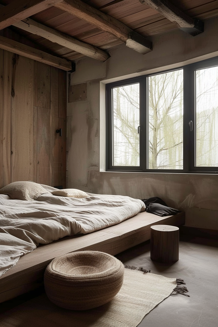The image shows a serene and minimalist bedroom with a strong natural and rustic ambiance. A low wooden platform bed is the centrepiece, dressed with a crumpled beige duvet and matching pillows, suggesting an inviting, casual comfort. The bed is positioned directly under a window that frames a view of leafless tree branches, hinting at a chilly, possibly winter season outside. Natural light filters through the window, illuminating the room's textured surfaces. The room's aesthetic is characterized by natural materials and neutral tones. Wood features prominently, from the horizontal beams on the ceiling to the vertical planks of the wall paneling, and the wood grain is richly detailed throughout. A concrete portion of the wall adds an industrial touch to the otherwise warm decor. Beside the bed, on the floor, sits a round woven basket, showcasing craftsmanship and adding to the organic feel of the space. In the foreground, a simple wooden stool with a clean cylindrical shape provides a stark contrast with its modern design against the otherwise traditional elements. Below, a textured rug lies partially under the bed, contributing to the room's layered textures and muted color scheme. The room exudes a peaceful atmosphere reflecting a design philosophy that favours simplicity, natural beauty, and a harmonious blend of different textures and materials.