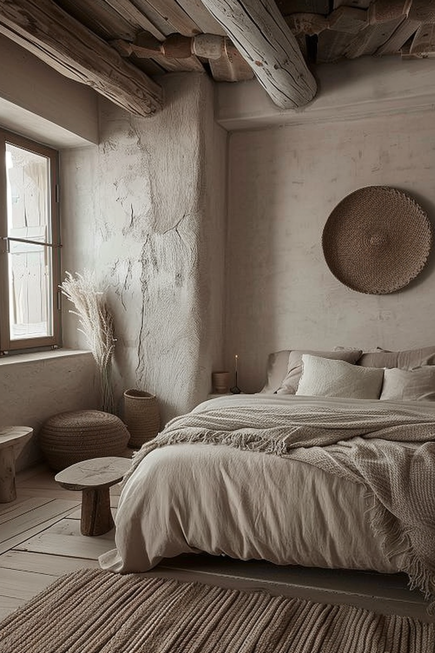 The scene is a cozy bedroom with a rustic and natural design aesthetic. Natural light pours in from a window with white trim, contributing to the serene ambiance. The ceiling features exposed wooden beams that show signs of weathering, suggesting a historic or country-style home. A textured wall, possibly of plaster or stucco finish, adds character with its uneven surface and minor cracks. A large, low-lying bed dominates the space, dressed in light, neutral-toned linens. A chunky knit blanket lies across it, inviting rest or relaxation. In contrast with the smooth flooring, a textured rug runs parallel to the bed, enhancing the room's tactile appeal. To the side of the bed, various woven baskets and a decorative round wall hanging—all crafted from natural materials—complement the room's earthy tones and textures. To the right, an assortment of dried tall grasses in a vase adds a soft, organic touch, while simple wooden stools serve as both bedside tables and seating. Candlesticks and modest decorative items are sparingly placed, ensuring the space feels uncluttered. Overall, the bedroom exudes a peaceful, rustic charm that promises comfort and a retreat from the modern world.