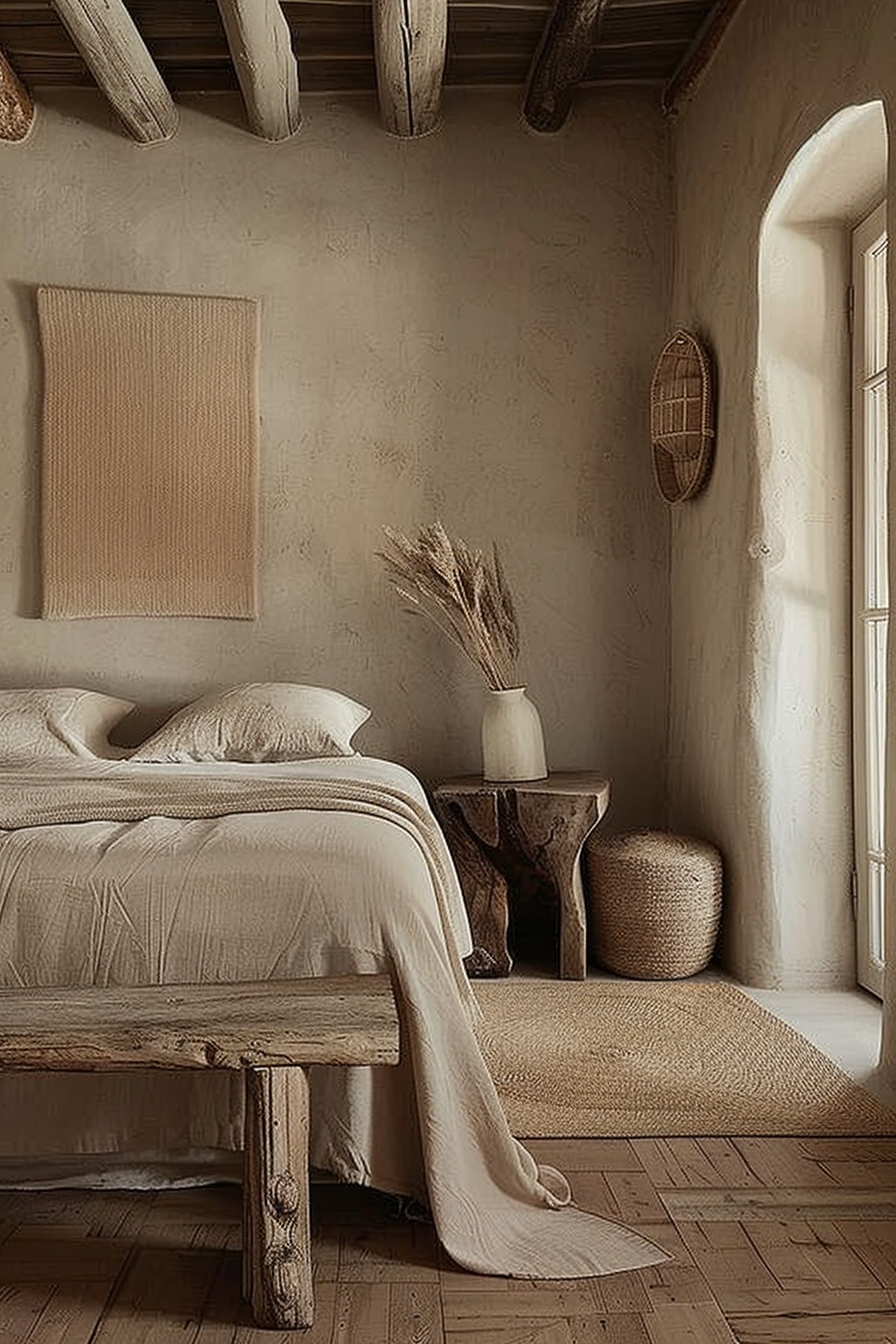 The image displays a rustic bedroom with a serene and natural color palette, capturing a sense of tranquility. The bed features a simple wooden frame and is dressed in linens of a soft beige hue. At the foot of the bed is a rough-hewn wooden bench and a plush throw gently cascades off the side, touching the floor. A natural wood side table supports a ceramic vase with dried plants, adding an organic touch to the room. In the background, a rough textured wall in a warm, earthy tone creates a cozy ambiance, contrasted by the light streaming in from a tall window, providing a soothing blend of shadows and light. A woven basket rests on the floor beside the table, and a simple woven wall hanging and an elongated art piece adorn the wall, supplementing the room's minimalistic charm. The ceiling exposes wooden beams, complementing the aesthetic, and underfoot, a textured area rug rests upon the wood flooring, adding comfort and warmth. The space is a testament to understated elegance, marrying rustic elements with a calm, minimalist design ethos.
