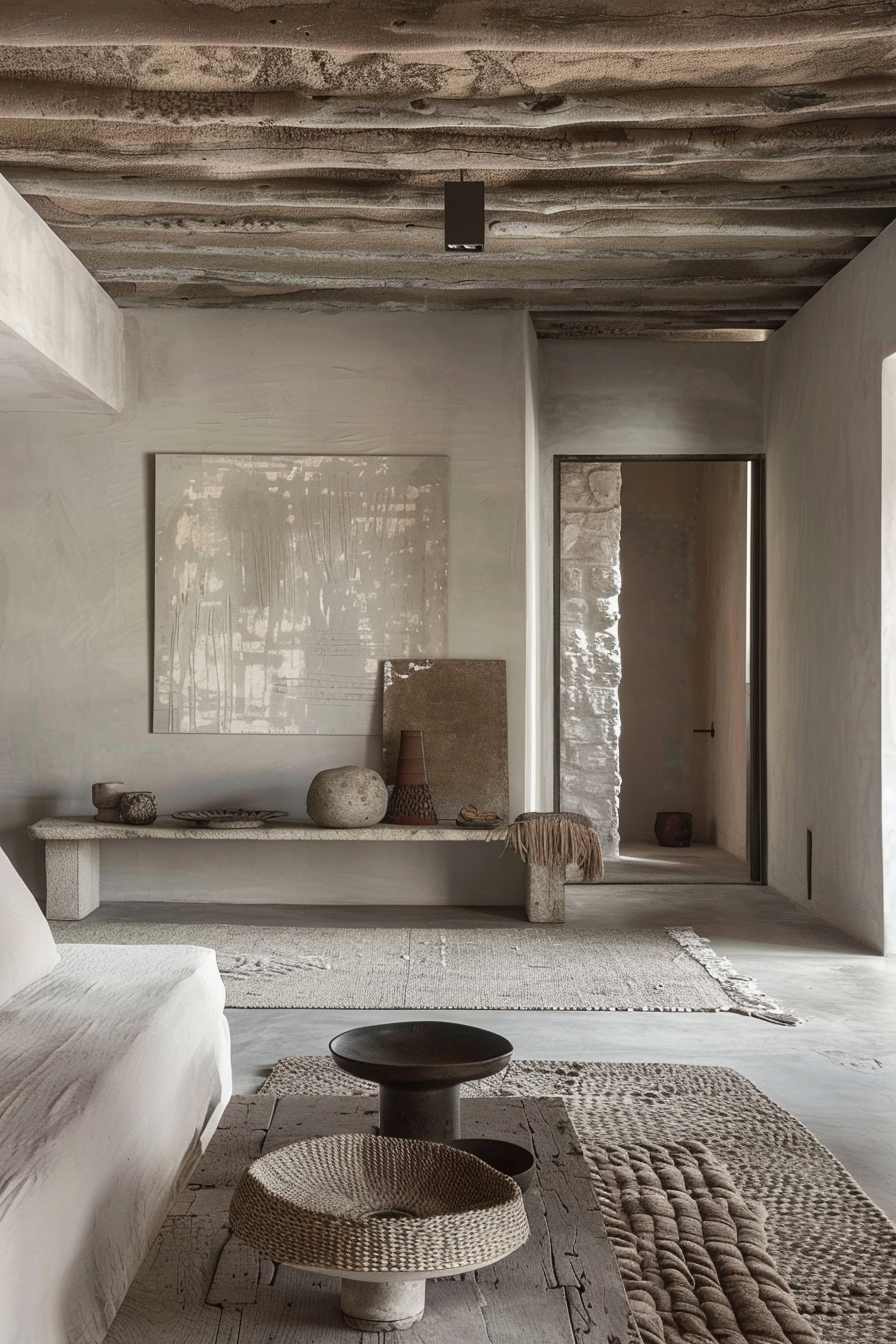 The room displayed in the image is designed with a minimalist and raw aesthetic. The ceiling shows the textured layers of what appears to be concrete or some kind of sedimentary rock, adding a rustic and natural feel to the space. The walls are smooth and painted in a light, neutral tone, providing a subtle contrast with the ruggedness of the ceiling. On the left side, there is a long, low bench built into the wall, which extends across the width of the photo. Atop the bench is an assortment of decor, including a large abstract painting or print with white and grey tones, a few vases of different shapes and materials, a stone sphere, and other small objects that seem to adhere to a natural color palette of earthy tones. In the foreground, there's a round coffee table fashioned from a dark material with a woven bowl atop it, and next to it lies a textural throw rug with an interesting raised pattern, adding depth to the concrete floor. The doorframe in the middle-right of the image reveals a stone wall edge, indicating that this modern space may be within a building that has older architectural elements. A small light fixture is mounted on the ceiling, but it's small and unobtrusive, not disturbing the room's calm and sophisticated ambiance. Woven textures, natural materials, and a monochromatic color scheme define the serene and elegant interior that celebrates texture and form over color and pattern.