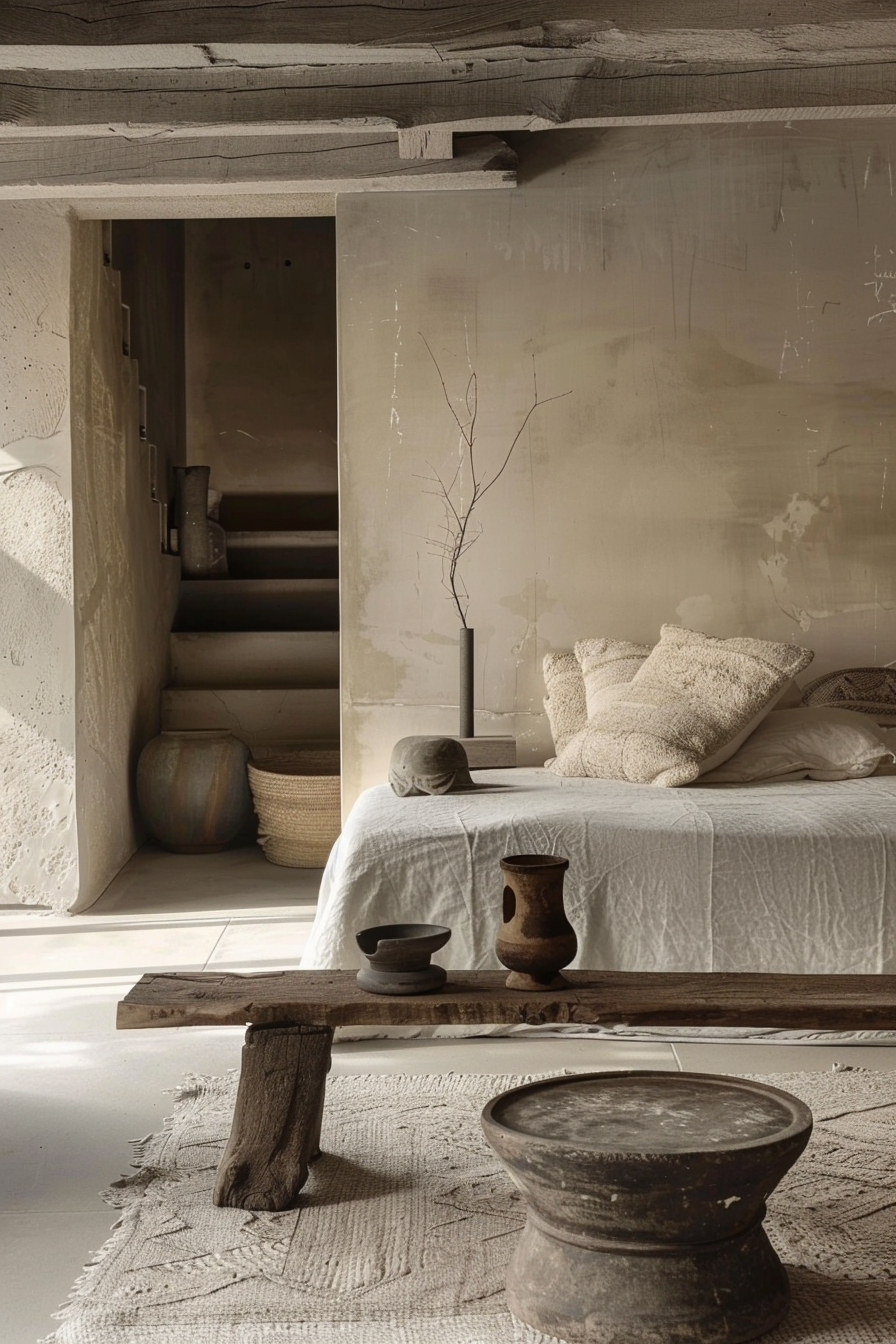 The picture showcases a bedroom with a rustic and earthy decor theme. The room features a large bed to the right, dressed with a white coverlet and several plush, textured pillows. In front of the bed, there is a rough-hewn wooden bench, on which sit three ceramic vessels of varying shapes and sizes. A tall, dark vase with a single bare branch is placed against the wall giving an artistic touch. The flooring is a pale color, which complements a small area rug with fringed edges directly under the bench. To the left, there seems to be an opening that leads to a stairway partially seen, with neutral-toned woven baskets placed near the steps. The wall textures and subdued lighting create a warm atmosphere, while the overall minimalist aesthetic is punctuated by the tactile quality of the textiles and the organic forms of the pottery. The color palette is dominated by tans, beiges, and browns, contributing to the serene and natural feel of the space. A suitable ALT text might be: A serene bedroom with neutral tones featuring a bed with textured pillows, rustic bench with pottery, and stairway entrance to the left.