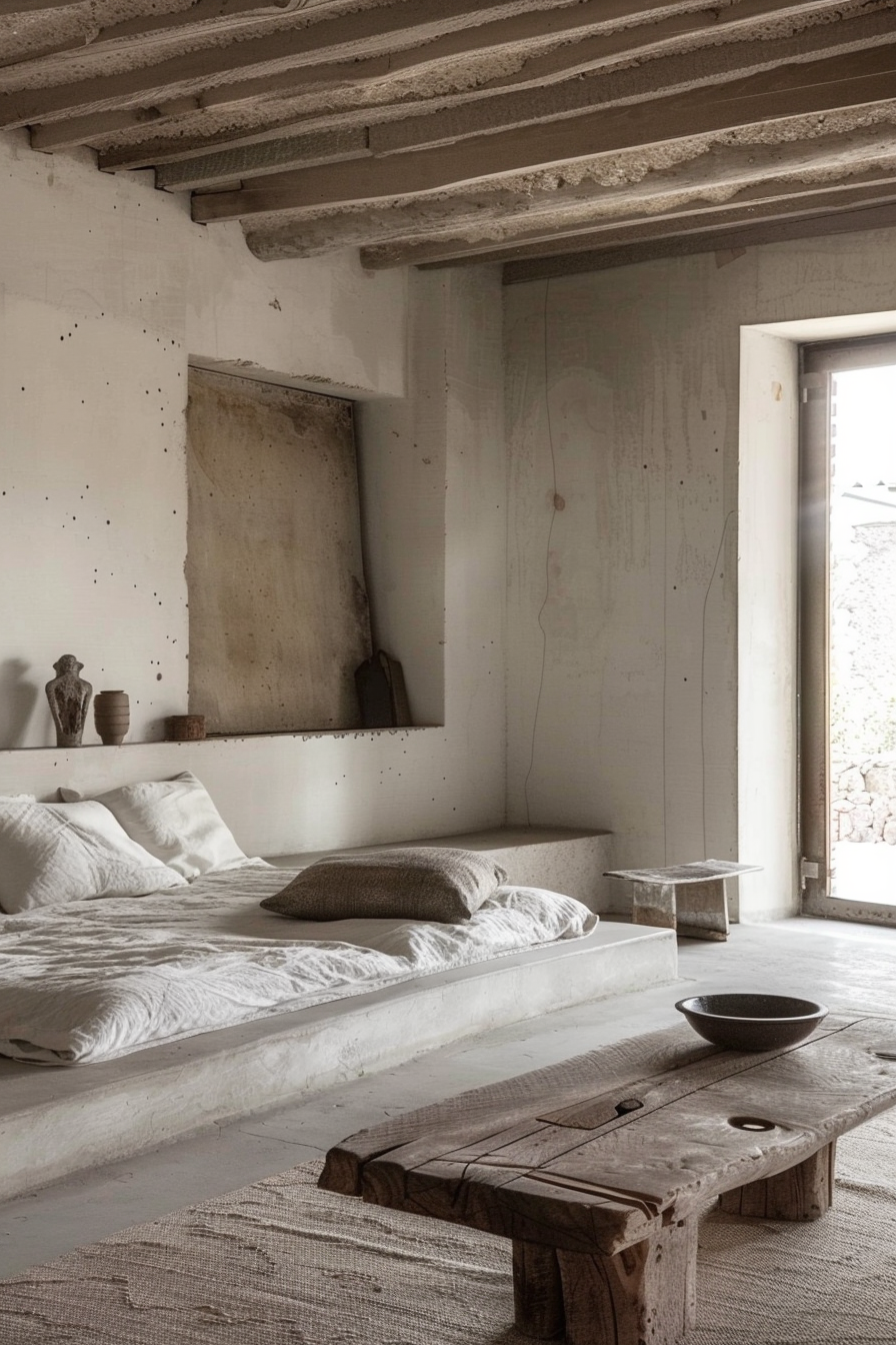 The image depicts a minimalist bedroom with a rustic and industrial aesthetic. In the foreground, there's a low wooden bench with a dark bowl on top. A textured rug lies beneath the bench, adding some warmth to the concrete flooring. The bed, positioned at about the center of the image, is flush with the wall and raised slightly above the floor on a built-out platform. It is neatly made with white bedding and holds several pillows, suggesting an inviting place to rest. On the wall behind the bed, an inset shelf houses a few decorative items, including vases and what appears to be a small sculptural piece. The wall itself shows exposed concrete, giving the room an unfinished yet stylish look. To the right, natural light streams in from a tall window or door left ajar, somewhat illuminating the otherwise softly lit space. The ceiling exposes layered beams, possibly made of some industrial material, adding to the room's textured surfaces and monochromatic color palette. The overall ambience hints at a tranquil, serene space, favoring simplicity and raw materials.