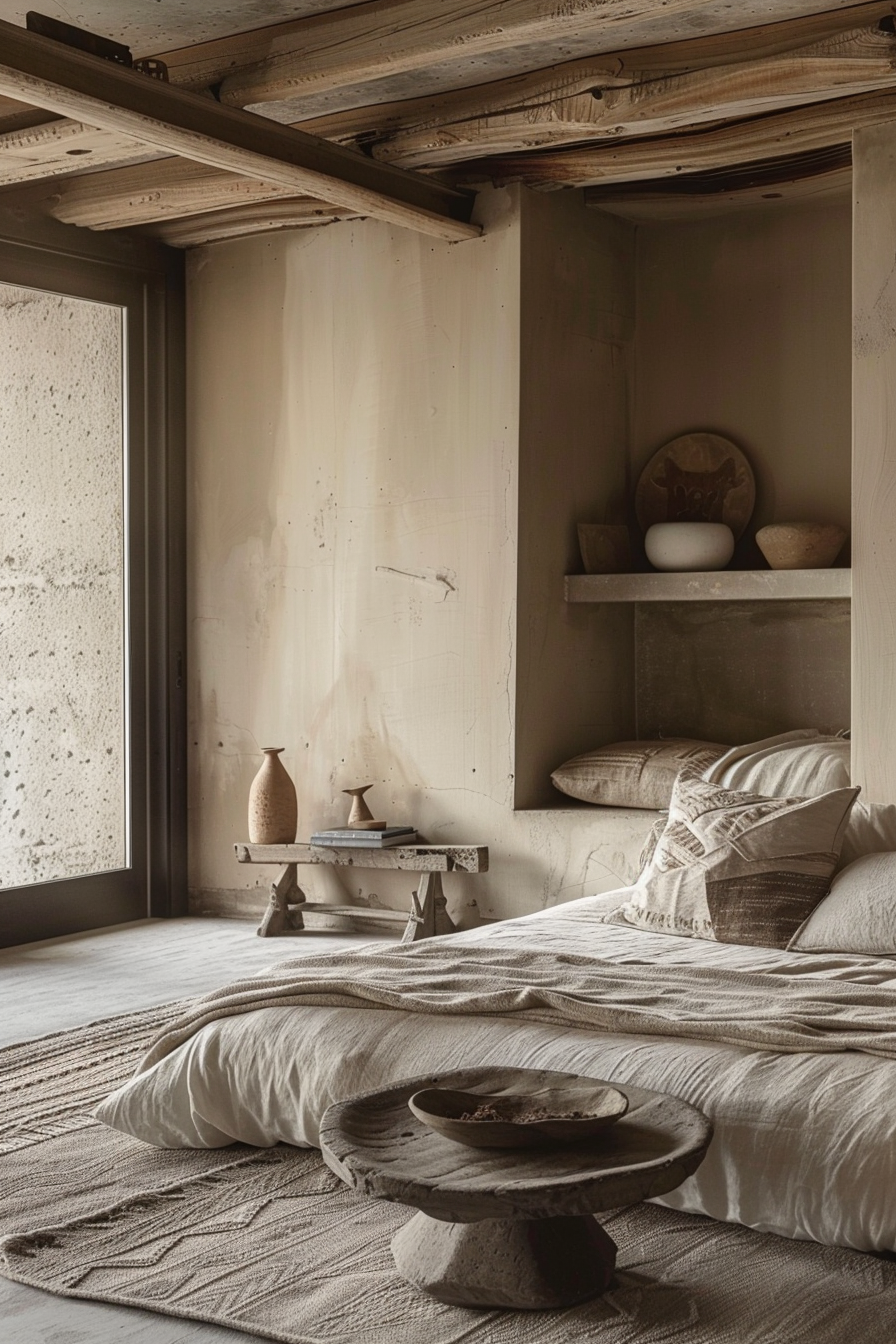 The scene is that of a tranquil and rustic bedroom. The room features a low bed dressed with linen in neutral tones, evoking a sense of calm and simplicity. In the foreground, there's a round, rustic wooden table with what appears to be a ceramics bowl on top, placed on a textured rug that complements the earthy decor of the room. To the right of the bed, a built-in wall niche houses a few decorative items, including pottery and books, which add a personal touch to the space. The wall itself has a rough, plastered finish, contributing to the room's organic and untouched aesthetic. Exposed wooden beams on the ceiling add character and reinforce the natural, aged look of the interior. The large window to the left, partially frosted, allows for privacy while still letting in natural light, helping to create a serene and inviting ambience in the room. Overall, the image captures a sense of serenity and a connection with natural materials and textures, embodying a minimalist yet warm approach to interior design.