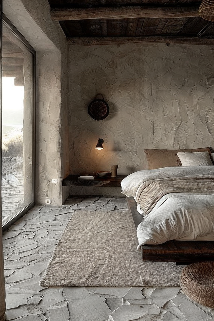 The image shows a serene bedroom with a minimalist rustic design. The room has textured, light-colored walls that give it a natural feel. A wooden-beamed ceiling adds warmth to the space. The bed, positioned to the right of the frame, is simply adorned with neutral-toned bedding. A small, wall-mounted lamp casts a cozy glow beside the bed. To the left is a tall window that lets in natural light and offers a glimpse of the outside environment, possibly a sandy landscape judging from what's visible through the glass. A distinctive stone tile floor spans the room, featuring large, irregularly shaped tiles with some scattered smaller fragments, enhancing the room's organic aesthetic. Also noticeable are a few woven items, like a basket hung on the wall and a round mat near an understated, low-profile bedside table, which holds a few small items. A large, textured area rug stretches across the floor, bridging the space between the bed and the window, complementing the room's restrained color palette and adding to its tranquil ambiance. For an ALT text, one might describe this as: A tranquil bedroom with a rustic minimalist design, featuring a bed with neutral bedding, textured walls, a stone tile floor, and simple, woven decorations.