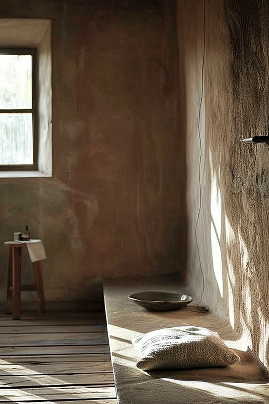 The image shows a serene and minimalist interior scene characterized by a gentle play of light and shadow. There is a small, square window through which natural light is entering, casting a diffuse and warm glow onto the textured earthen walls of the room. The floor is made of wooden planks, suggesting a rustic or traditional setting. In the corner stands a small, simple wooden stool with a white cloth draped over it, atop which there is a small bottle and a bowl. Positioned on the floor, near the wall and in a pool of sunlight, is a large, flat bowl next to a textured pillow, inviting a moment of relaxation or contemplation. The overall atmosphere of the image is one of calmness and tranquility, possibly evoking a sense of solitude and peacefulness. Proposed ALT text: A tranquil interior scene with wooden flooring and textured walls, featuring a window letting in natural light, a wooden stool with a bottle and a bowl, and a cushion next to a flat bowl on the floor, suggesting a quiet, contemplative space.