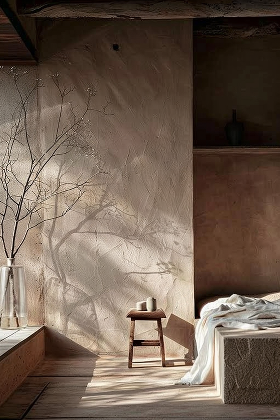 The scene presents a serene corner of a room bathed in soft natural light. The walls have a rustic, earthy plaster texture, and the tones range from brown to beige. A delicate, bare-branched plant stretches upwards from a slender vase, casting intricate shadows on the wall. A small wooden stool stands beside the vase, holding what appears to be a candle or a container. The floor is wooden, with the warm sunlight creating patterns across the boards. To the right, there's a neatly made bed; the edge closest to us is capped with what seems to be a concrete or stone bench, and atop it lies a white, crumpled linen suggesting casual use. In a recess of the wall beyond the bed, there's a solitary bottle perched—its dark silhouette contributing to the tranquil aesthetic of the space. Alt text: Interior view of a cozy corner of a bedroom with a rustic aesthetic, featuring a bare-branched plant, a small wooden stool, and a bed with white linen in natural lighting.