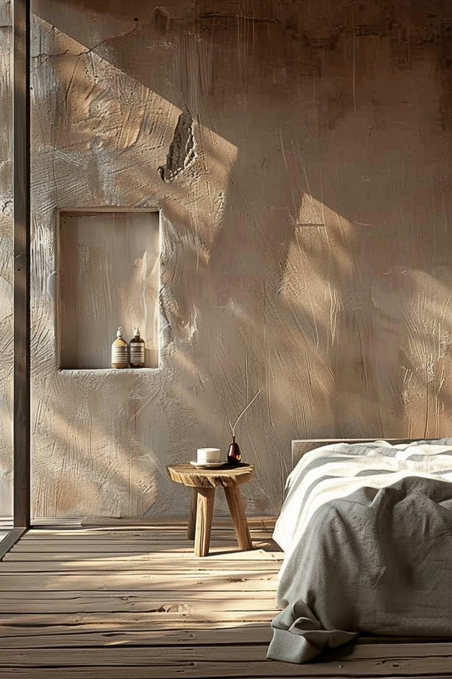 The scene is a rustic and serene bedroom setting. The room has a warm, natural wood color scheme, with textured walls that appear to have a plaster or clay finish in earthy tones. A large, cozy-looking bed in the foreground is partially covered with a wrinkled white and striped blanket and a grey throw. Beside the bed, a natural wood stool serves as a nightstand, holding a white cup and saucer, suggesting a relaxing moment perhaps with a morning tea or coffee. A small recessed shelf in the wall holds two decorative jars, adding to the minimalist and natural decor. The sunlight casts soft shadows across the room, enhancing the calming atmosphere. An overall sense of tranquility and simplicity is evoked by the use of natural materials and the soft light bathing the interior space. The room seems to be an invitation to rest and recharge, surrounded by natural elements and minimalist design.