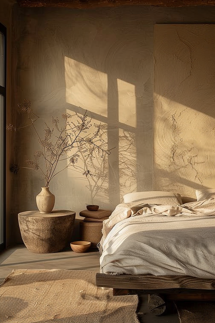In the scene, there's a cozy bedroom bathed in warm light. The sun casts shadows of a window frame on the textured wall, adding to the serene atmosphere. A vase with dried branches is positioned on a round side table, contributing to the earthy decor. The bed itself is neatly made, draped with soft-looking linens in neutral colors that complement the room's natural palette. In front of the bed, there's a rough woven rug on the floor, enhancing the rustic charm of the space. Overall, the image evokes a sense of tranquility and simplicity. ALT text: A sunlit bedroom with shadows of a window on the wall, featuring a wooden bed with neutral linens, a side table with a vase of dried branches, and a textured rug on the floor.