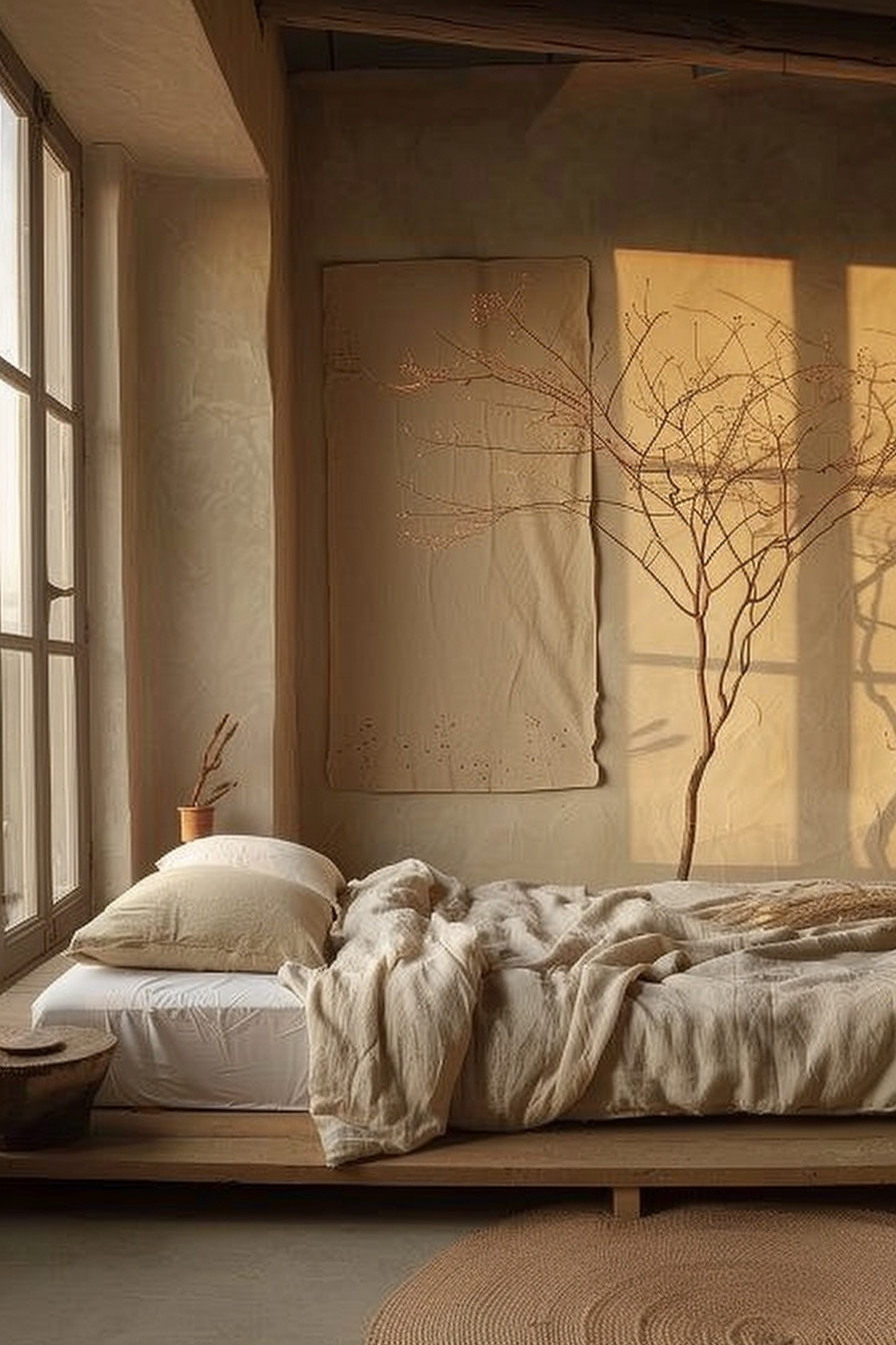 A serene bedroom bathed in warm light features a low wooden platform bed with crumpled white bedding and a pair of plush pillows. To the side of the bed, a bare-branched tree stands in a corner, its delicate silhouette casting soft shadows on the adjacent wall, which is adorned with an understated, textured tapestry decorated with a minimalist tree design. Next to the tree, a small terracotta pot holds a few dried twigs, adding to the room's organic character. The tranquil scene is completed by the soft, diffused sunlight streaming through the large window, hinting at a peaceful start or end to the day. Bedroom with a low bed and crumpled white bedding, decorated with a minimalistic tree-themed tapestry and a live branch in natural light.