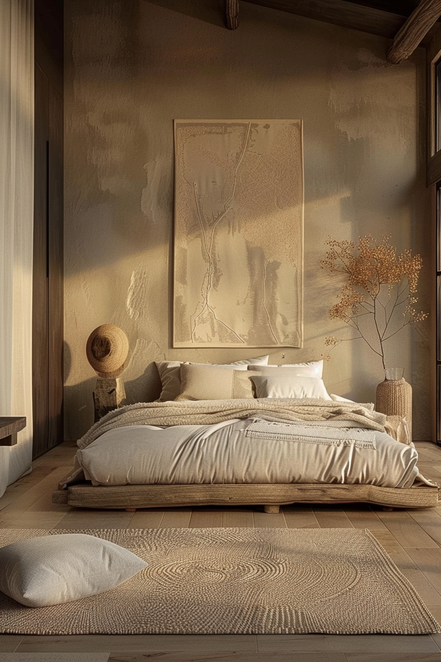The image shows a cozy bedroom bathed in warm sunlight, creating an inviting and serene atmosphere. The room features a large bed with a wooden base and headboard, dressed in neatly arranged beige bedding and several pillows. A woven rug with a circular pattern lies on the wooden floor in front of the bed, and one cushion is casually placed on it. By the bed, there's a tall vase holding a bouquet of dried flowers, adding an organic touch to the space. On the headboard, a straw hat hangs on one side, suggesting a relaxed, leisurely lifestyle. Above the bed, there's an abstract framed artwork hanging on the textured wall, which complements the room's earthy and minimalist aesthetic. The overall effect is one of tranquility and understated elegance.