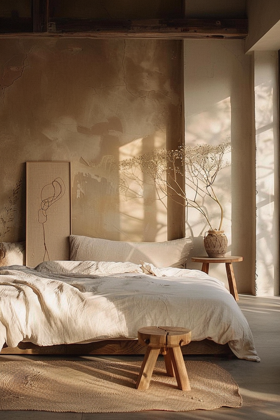 The image shows a cozy, sunlit bedroom interior featuring an unmade bed with rumpled white bedding that adds to the relaxed atmosphere. A piece of minimalist art, with an abstract line drawing, leans against the wall on the floor beside the bed, contributing to the artistic vibe of the room. A rustic, wooden stool is positioned at the foot of the bed on a textured rug, enhancing the earthy tone of the space. A slender potted plant with delicate, dry branches occupies a round, wooden side table near the window, injecting a touch of nature. The warm light filters in through sheer curtains, casting soft shadows of the plant on the wall and floor, which mingle with the mottled plaster of the wall creating a serene morning scene. The overall ambiance is calm and inviting, with the use of natural materials and light creating a serene retreat.