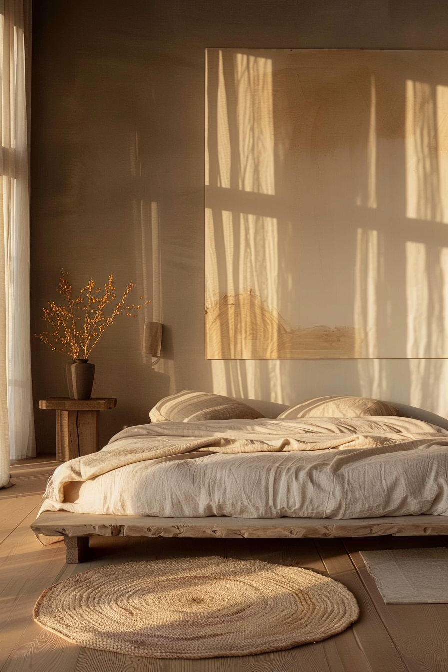The scene is a warm and inviting bedroom bathed in the soft glow of the natural sunlight filtering through gauzy curtains. Light casts patterned shadows across the wall, which is adorned with a large framed canvas displaying the serene play of light and shadow. A rustic wooden bed sits low to the ground, its neutral-toned bedding is crumpled in a lived-in manner, suggesting a cozy and relaxed environment. Beside the bed, a small wooden stool serves as a makeshift nightstand, holding a vase with delicate branches of dried flowers that add a touch of nature to the room. A round braided rug is placed at the foot of the bed, grounding the space with its natural texture. The earthy tones and materials throughout the room create a serene and peaceful atmosphere, perfect for relaxation and rest. The neatness of the space combined with the soft lighting exudes tranquility and comfort.