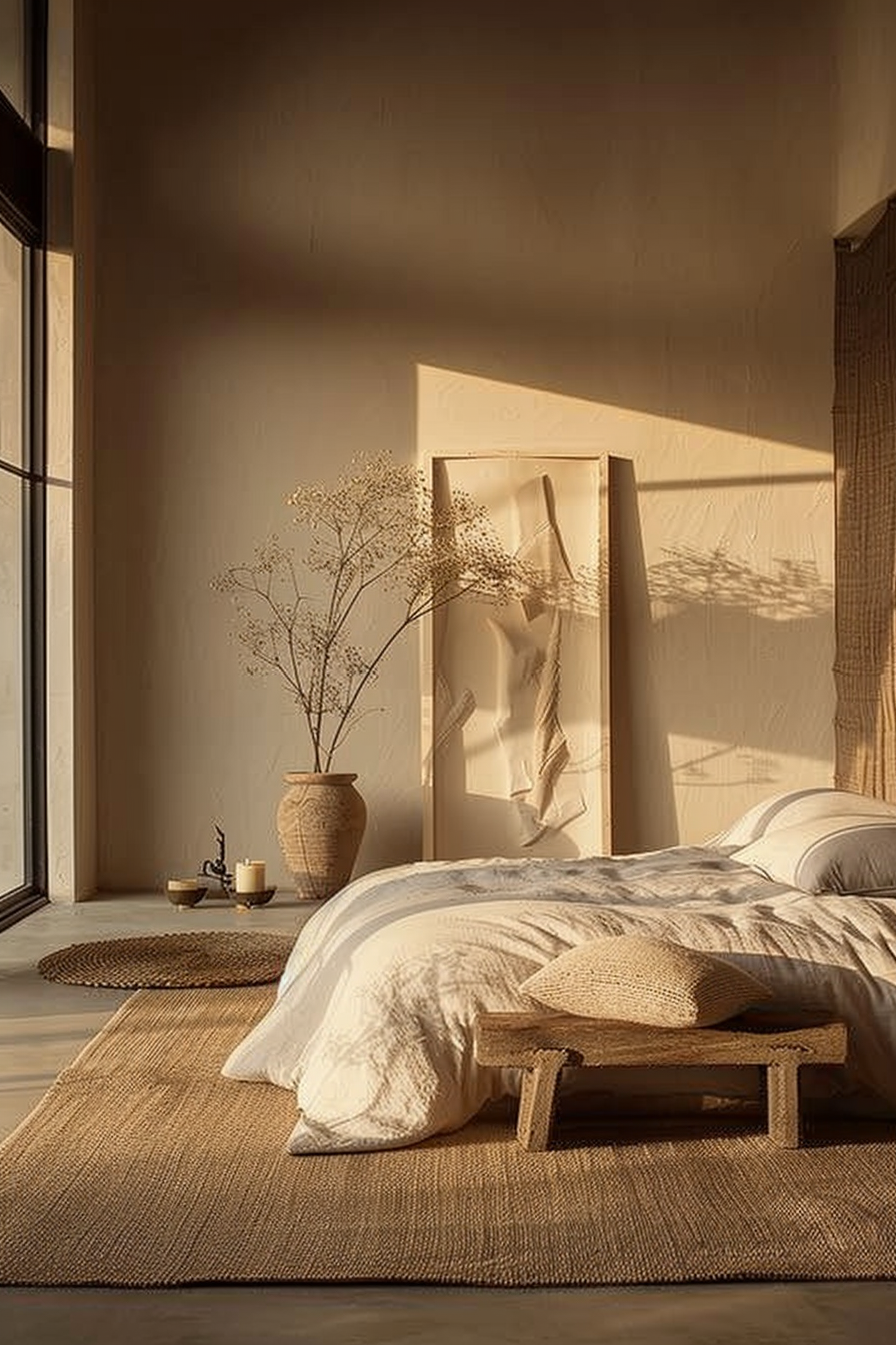 The scene is of a cozy and minimalist bedroom bathed in warm light, possibly from a setting sun. It has an earthy color palette with beige walls and a large bed at the center covered with a white duvet and beige pillows. The bed rests on a large textured rug that matches the room's color scheme. Beside the bed, there's a simple wooden stool with a woven seat, upon which a single cushion rests. Next to a large window pane, which allows plenty of natural light into the room, stands a tall ceramic vase holding dried flowers or branches, adding a natural, decorative touch. On the floor, beside the vase, are two small cups and a teapot on a tray, suggesting a setting for enjoying a quiet, relaxing moment. A large, narrow artwork leaning against the wall by the bed adds an artistic element to the room without overpowering it. Overall, the room projects a serene and tranquil ambiance, with its open space, natural materials, and gentle lighting creating an inviting environment.