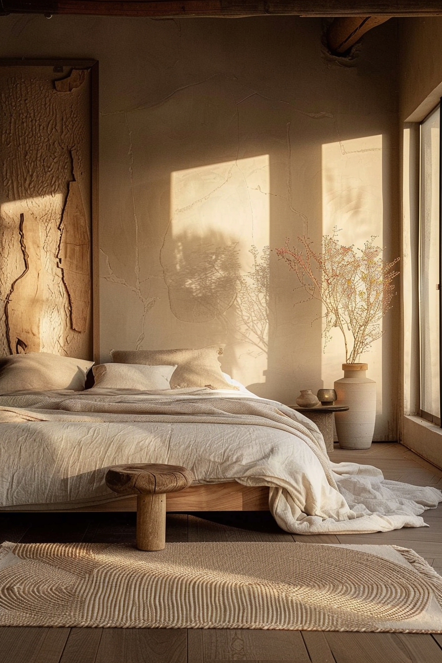 The image shows a serene bedroom bathed in warm sunlight. A large, low wooden bed occupies the center of the space, adorned with a light-colored, crumpled linen duvet and several matching pillows. To the right, a tall window allows the golden light of either early morning or late afternoon to pour into the room, casting intricate shadows of a tree onto the wall. A textural rug lies on the wooden floor, partially under the bed; its pattern echoes the organic interplay of light and shadow in the room. On a simple bedside stool, a vase with delicate pink blossoms adds a touch of color and life. The walls exhibit a natural, roughly textured finish that contributes to the room's overall aesthetic of rustic elegance and tranquility. The corner of the room is softly illuminated, evoking a peaceful and inviting atmosphere.