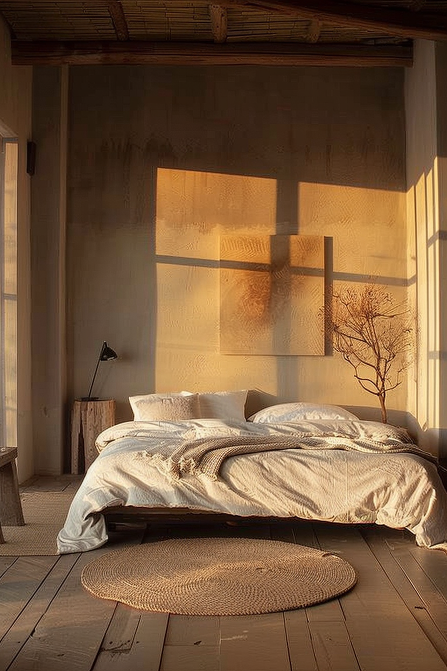 The image shows a serene bedroom bathed in warm sunlight. The wooden floor beneath has a rustic appearance, and on it rests a circular woven mat, centered in the foreground. A low bed occupies the middle of the space, dressed with crumpled white bedding and a knit throw, indicating a cozy and lived-in atmosphere. To the right of the bed is a simple, dark wood bedside table with a small, modern black reading lamp. Above the bed, a large window casts a geometric pattern of light and shadow against the textured wall, creating a tranquil ambiance. A single, delicate dried plant in a vase adorns the wall, adding an organic touch to the minimalist decor. The ceiling is furnished with traditional bamboo elements, giving the room an infusion of cultural or rustic charm, while a soft glow from the setting or rising sun suggests a peaceful beginning or end to the day.