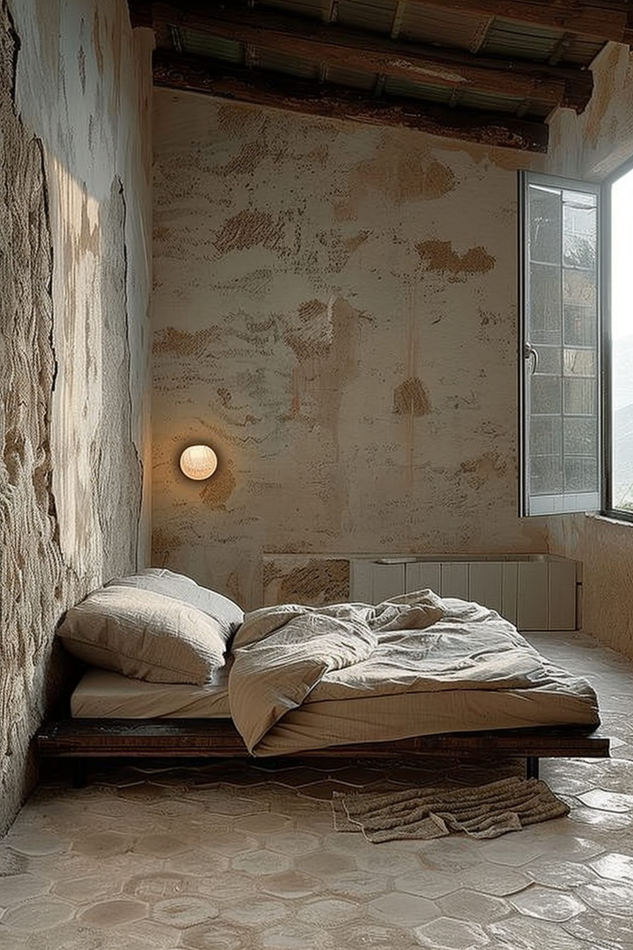 The scene is a rustic and minimalist bedroom. A low wooden bed frame sits directly on the floor, supporting a large mattress draped with wrinkled linen bedding, suggesting an unmade, lived-in look. A couple of plush pillows are placed against the wall. The wall itself bears an unfinished aesthetic, with patches of plaster revealing the rough texture beneath. A single circular wall lamp casts a warm glow, enhancing the room's cozy ambiance. Natural light filters in through a tall, narrow window partially obscured by sheer curtains, enhancing the room's serene and tactile quality. The floor is covered with a stone tile pattern that further grounds the space with an earthy feel. A small rug lies crumpled at the foot of the bed, adding to the casual, effortless atmosphere of the room.