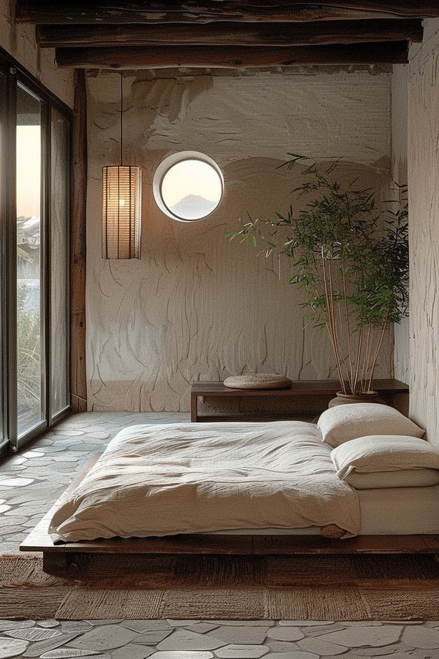 A serene bedroom evokes a sense of calm and simplicity, featuring a low wooden platform bed with a light beige comforter and two pillows. The room's natural aesthetic is emphasized by the textured white walls and a round window with a view of the sky, providing natural light. A traditional rectangular lantern hangs from the ceiling, enhancing the room's peaceful ambiance. On the right side, an indoor bamboo plant in a vase and a stone-like sculpture are placed on a low wooden table, contributing to the room's connection with nature. The flooring is a unique combination of stone tiles and a woven rug, adding texture and warmth to the space. The sliding glass door on the left suggests an easily accessible outdoor area, inviting fresh air and natural surroundings into the tranquil retreat.
