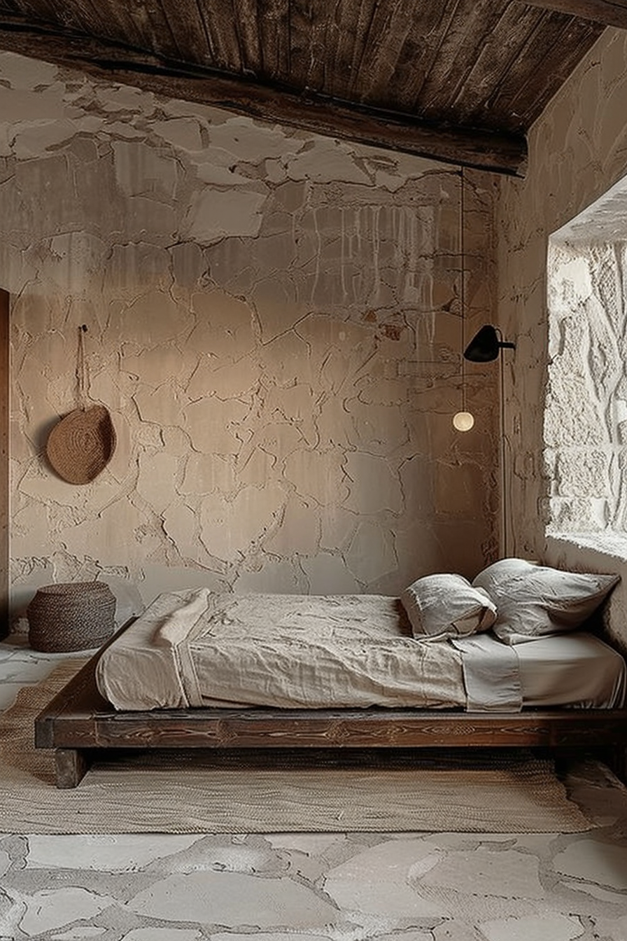 The scene is set in a rustic bedroom with a distinct, textured wall showing signs of aging plaster in a sandy beige color. A low wooden bed frame holding a mattress with crisp, linen-colored bedding adds to the room's natural and minimalist aesthetic. Simple white pillows rest at the head of the bed, which is positioned on a large area rug with a natural weave. Above the bed, the ceiling reveals dark wooden beams that contribute to the room's rustic charm. A woven round basket hangs on the wall, serving as a decorative piece, and a black wall-mounted lamp with a minimalistic design provides lighting, with a small, round light bulb switched on. A larger woven basket sits on the floor near the foot of the bed, perhaps serving as a place to store blankets or other items. The overall atmosphere of the room feels serene, muted, and harmoniously connected to organic elements. A bedroom featuring an exposed wooden beam ceiling, textured plaster walls, a low wooden bed with neutral bedding, woven baskets as decor, and a simple wall-mounted lamp.