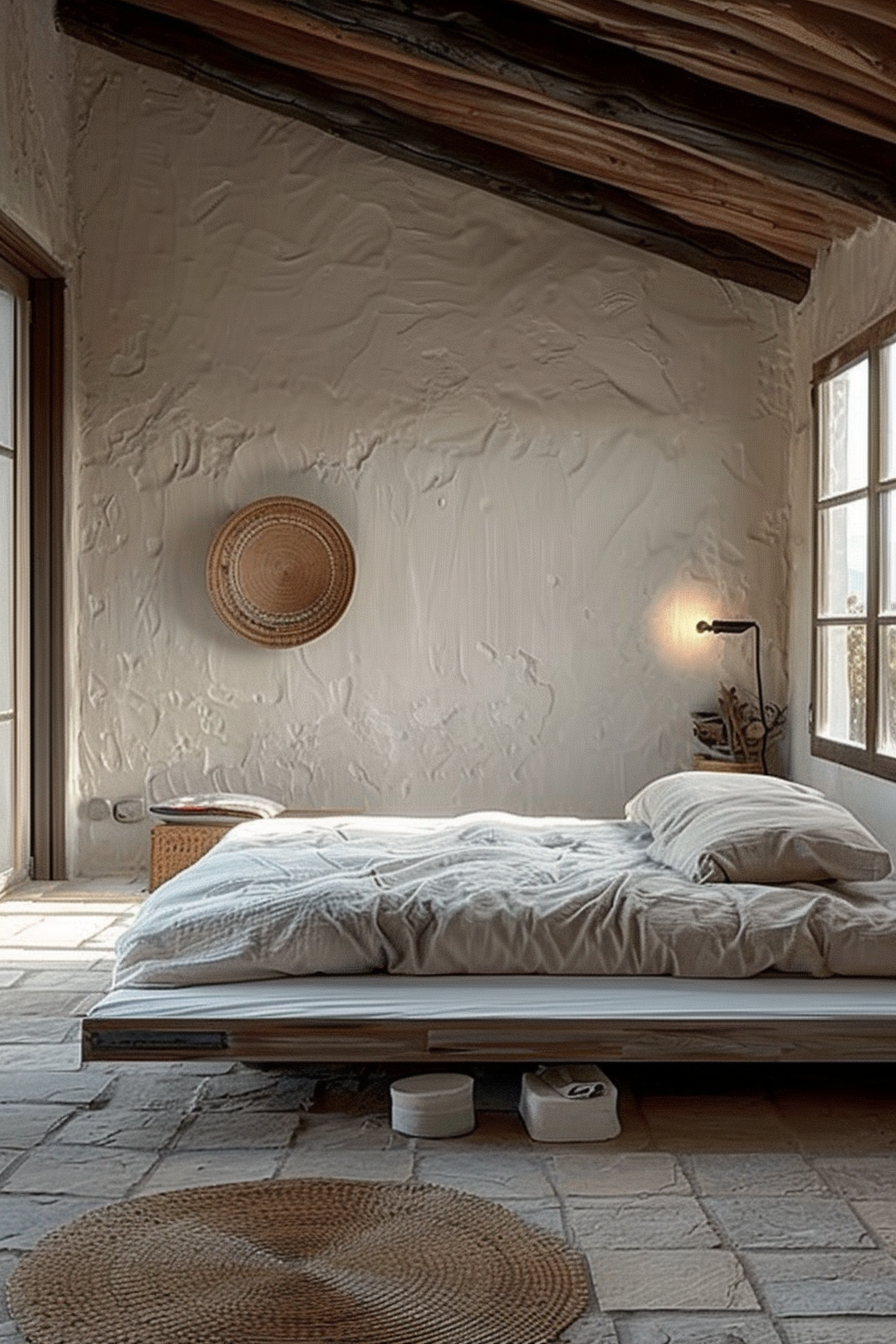 The image shows a rustic bedroom setting with a low, minimalistic bed frame on which lies an unmade bed with a crinkled white duvet and two pillows. Exposed wooden beams add character to the ceiling, suggesting an older structure with historical charm. The wall has a textured, white plaster finish, and a straw hat hangs decoratively on it, complementing the rustic aesthetic. A round woven mat is placed on the stone-tiled floor near the bed, and a small table, on which there appears to be a small plate or dish, sits beside it. An industrial-style wall-mounted lamp illuminates the space with a warm light, adding to the cozy ambiance. Natural light streams in from a window on the left, indicating daytime. Simple, white containers are tucked discreetly under the bed, perhaps for storage. The room's interior design balances simplicity with warmth, creating a tranquil and inviting space. The scene conveys a sense of serenity and a connection to natural materials and textures. A suitable alt text could be: A cozy rustic bedroom with a low bed, white bedding, exposed wooden beams, textured walls, a straw hat on the wall, and natural light filling the space.