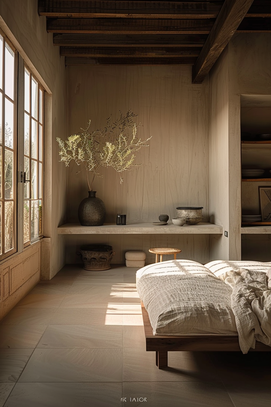 The scene is of a cozy, rustic bedroom filled with natural light. The left side of the room features a large window with wooden panes, partially letting in sunlight that casts linear shadows on the tiled floor. A large, weathered vase with delicate dried branches sits in a recessed shelf along the wall near the window, adding an organic feel to the room. To the right, a built-in shelf houses an array of ceramic bowls and plates, giving the space a homely and lived-in atmosphere. Below the shelf, a small stool and a couple of fabric-covered pillows rest next to an antique-looking decorative basket, which contribute to the room's eclectic charm. In the foreground, a wooden bed with simple, modern lines is positioned. It's dressed in textured linen bedding in a soft beige color palette that matches the room's neutral tones. The overall impression of the room is one of warmth, simplicity, and an embrace of natural materials and textures, creating a serene and inviting space. The photograph has a watermark in the bottom right corner reading "IC|TAIOR," suggesting the image is likely associated with the photographer or the creative studio responsible for the photo.