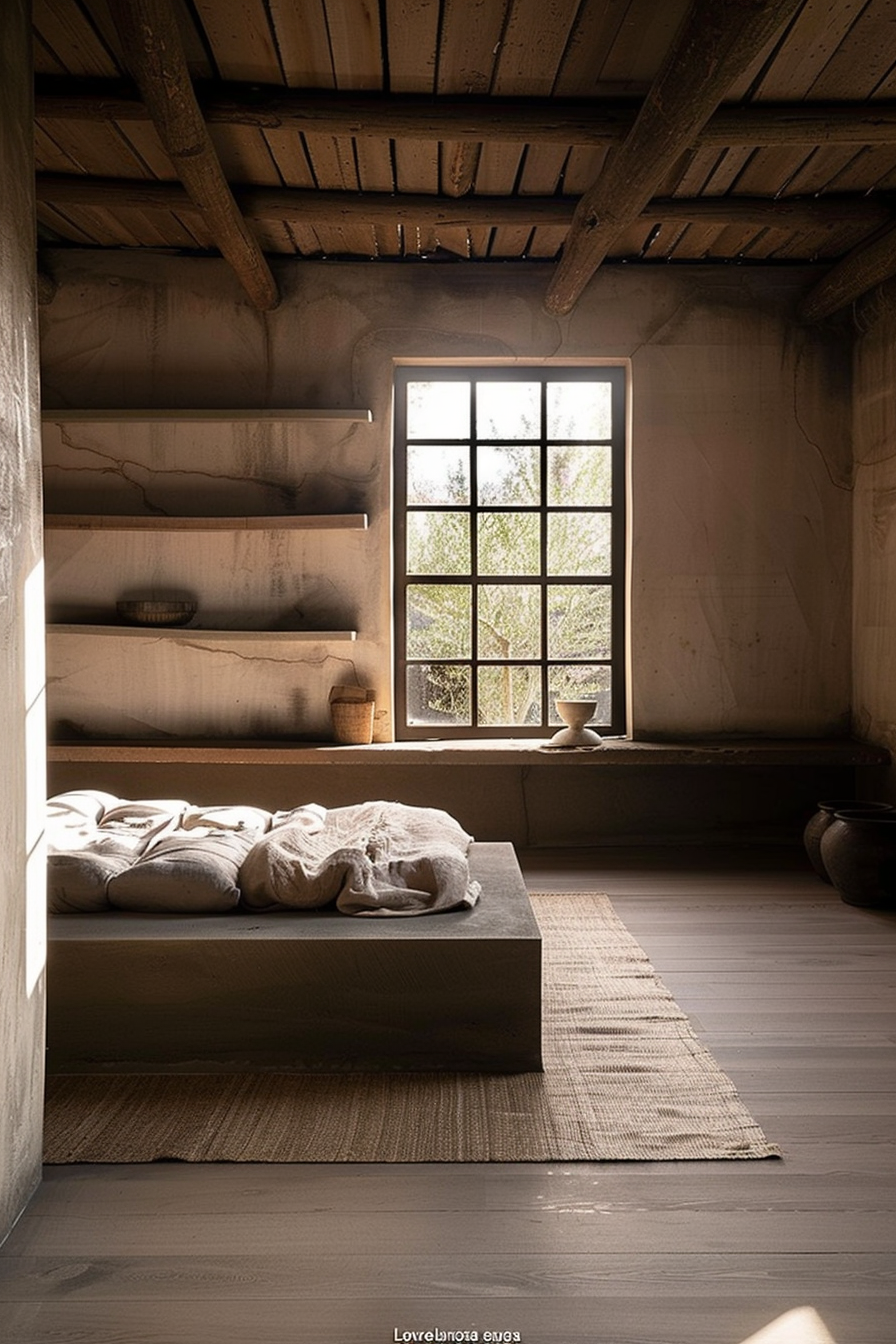 The image showcases a serene and rustic interior, likely a part of a cozy cabin or a country home. Warm sunlight streams in through a grid window, illuminating the natural textures within the room. The walls and ceiling beams are constructed of a raw, unfinished wood with rich textures and neutral tones. In the corner, there is a raised platform resembling a minimalist daybed with a simple mattress and a crumpled linen throw, enhancing the room's inviting warmth. Adjacent to the window, the ledge serves as a shelf where a woven basket, a small pot, and a ceramic bowl rest, further contributing to the natural aesthetic. Against the wall, a series of open, wooden shelf spaces are embedded, displaying more pottery and hinting at a utilitarian yet stylish design approach. Below the window, a little bit of greenery from outside adds a touch of life and color to the peaceful scene. A braided rug leads up to the daybed, grounding the room and adding texture to the wooden floorboards. The atmosphere evokes a sense of calm and simplicity, inviting one to unwind and enjoy the tranquility of the setting. The composition of light, materials, and organic home decor elements creates a harmonious and uncluttered space that celebrates rustic elegance.