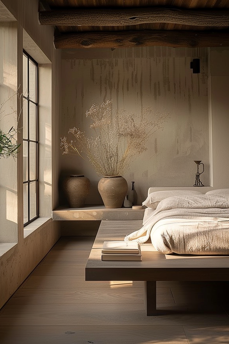 The image displays a serene and minimalist bedroom setup with a strong influence of Japanese aesthetics. Natural light pours in through a large window with black frame details on the left, illuminating the space and casting soft shadows. The room features a low wooden bed frame without a headboard, upon which sits a neatly made bed with white linens and a textured throw blanket. Beside the bed, a simple, low wooden bench runs against the wall, upon which lies a stack of books signalling a peaceful reading nook. Against the wall near the window, an elevated wooden ledge or platform mimics the function of a windowsill, providing a space for decorative elements. On this ledge, two large, earthenware vases in varying sizes hold sprigs of dried flowers, adding to the room's natural and organic feel. The simplicity of the color palette, consisting of warm earth tones and the cream shades of the wall and bedding, complements the wooden elements and creates a calm, inviting atmosphere. An antique-looking metal candle holder with a black patina rests near the bed adding a touch of history and personality to the scene. Overall, the room exemplifies wabi-sabi principles, embracing the beauty of imperfection and the peacefulness of simple living. The design prioritizes clean lines, natural materials, and a feeling of tranquility.