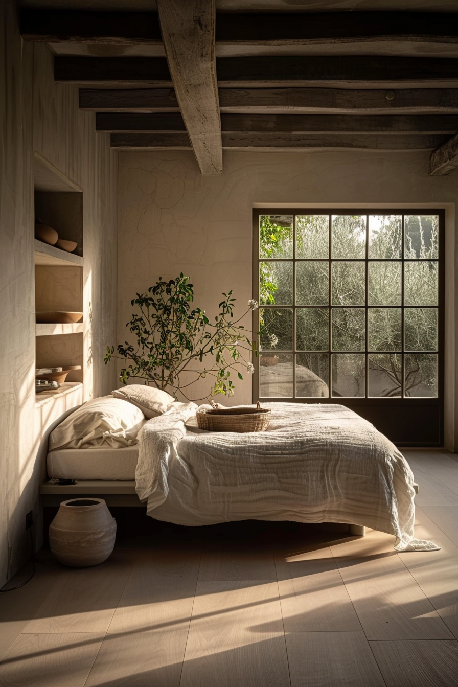 The scene shows a serene and rustic bedroom bathed in warm natural light. An unmade bed with crumpled linen sheets is in the foreground, suggesting a lived-in and cozy atmosphere. To the side of the bed is a large, square-framed window that looks out onto lush greenery, indicating the bedroom may be situated in a natural setting. An indoor plant with thin, delicate leaves adds a touch of greenery inside, complementing the view outdoors. On the bed lies a woven basket tray, adding to the rustic aesthetic. The room's walls have a textured finish with some visible cracking, and above, the ceiling is fitted with weathered wooden beams that provide a touch of historic charm. A round earthenware pot sits on the floor, contributing to the room's organic and earthy feel. The interplay of light and shadow on the floor creates a peaceful and inviting ambience.