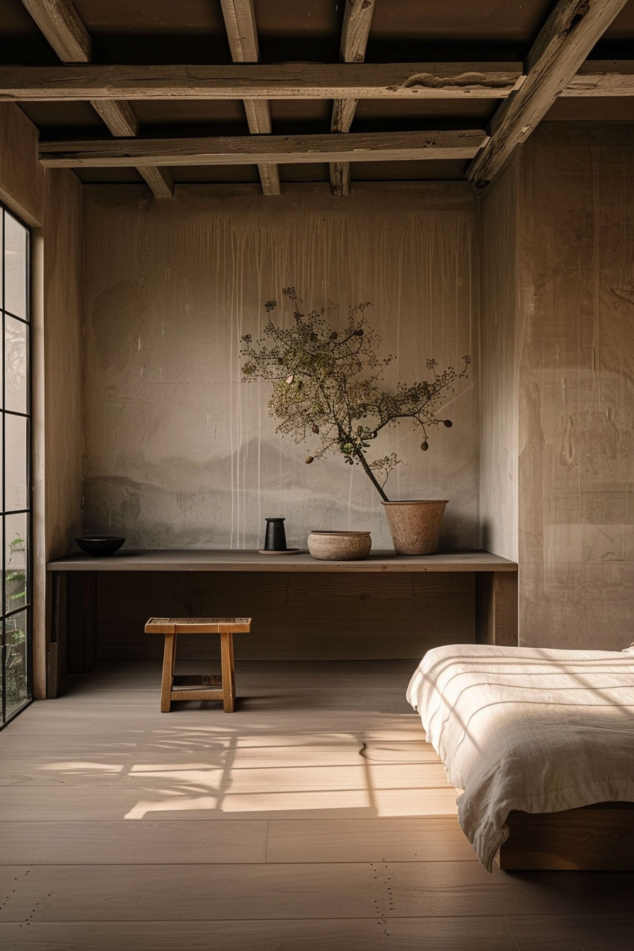 The image depicts a serene and minimalist bedroom with a Japanese aesthetic. The interior boasts natural materials, with light wood floors and a simple, low bed with a beige cover that lies on the right side of the frame. On the left, a sizable wooden desk runs along the wall with a muted plaster finish bearing subtle marks and stains, adding character to the space. A delicate, leafy branch in a large earthenware pot creates a focal point on the desk, accompanied by a smaller bowl and a sleek black vase, cultivating a sense of tranquility. A small, rustic wooden stool stands on the floor, and light filters softly through the grid-patterned window, casting gentle shadows across the room. Exposed wooden beams on the ceiling add a touch of rustic charm to the otherwise clean and calming ambiance of the bedroom. This warm and peaceful scene is likely to inspire a feeling of relaxation and contemplation.