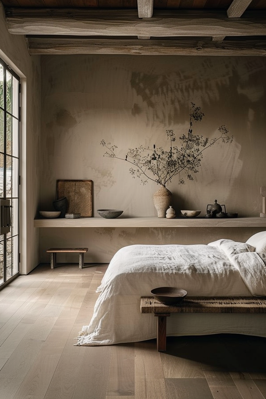 You are looking at a serene and elegantly decorated bedroom with a neutral color palette. The room features a low-profile wooden bed with crisp white bedding that appears soft and inviting. At the foot of the bed, there is a small, textured bench, and beside the bed, a wooden stool with a simple bowl atop it enhances the minimalist aesthetic. On one side of the room, a built-in shelf houses a collection of decorative items including a tall vase with slender branches, giving a sense of nature and tranquility to the space, along with other pottery in subdued tones that complement the room's decor. The play of shadows across the wall behind the shelf adds a dynamic element to the otherwise peaceful setting. Natural light streams in through a glass door with a black frame, hinting at a connection to the outdoors, and contributing to the room's calming ambiance. The exposed wooden ceiling beams add a touch of rustic charm to the otherwise contemporary space, and the smooth, light wooden floor ensures a warm and cohesive interior.