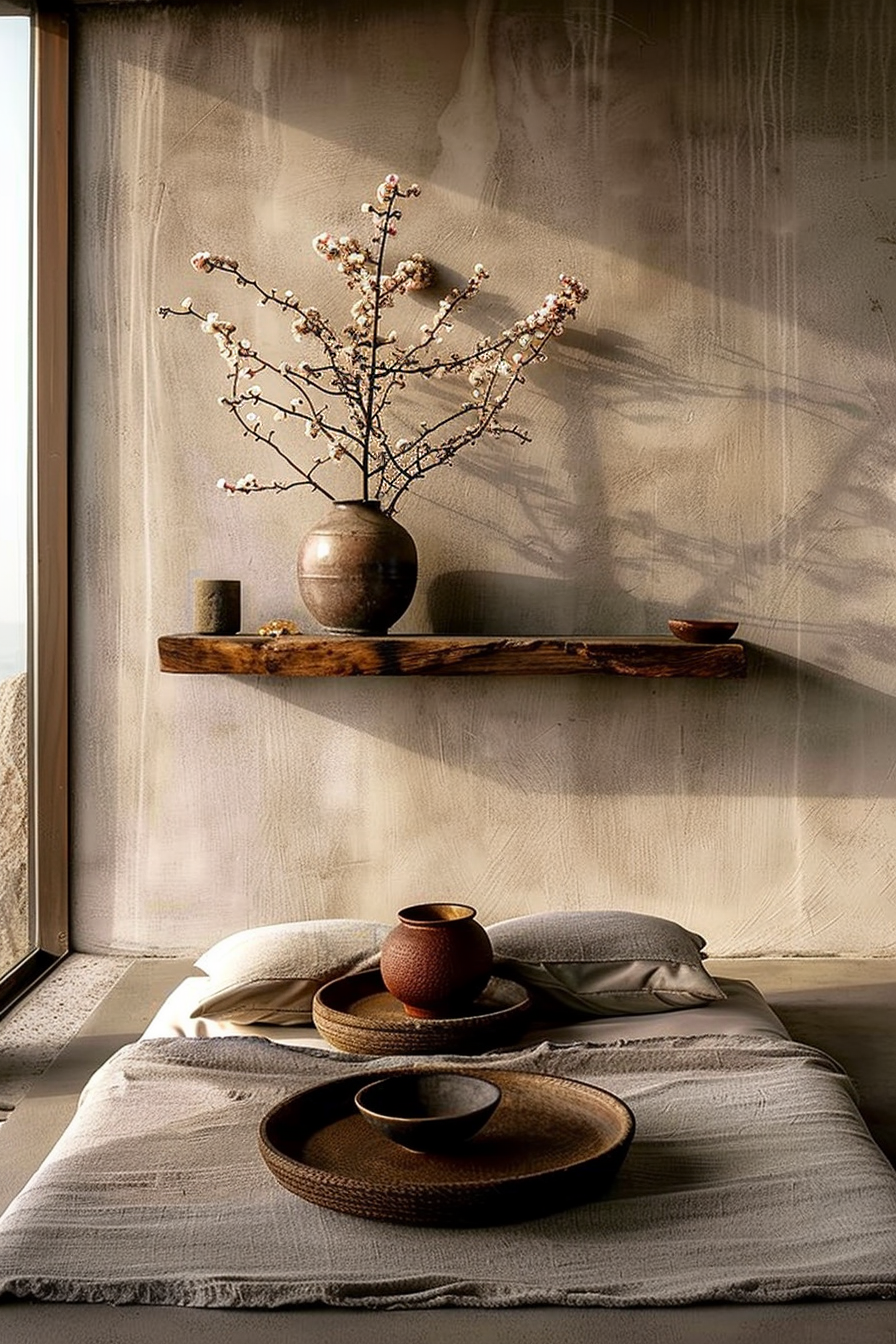 The scene depicts a serene and aesthetically arranged interior space, likely a part of a living room or a relaxation area. There's a harmonious blend of natural materials and textures that create a Zen-like atmosphere. A rustic wooden shelf is mounted on a textured wall, casting soft shadows. Atop the shelf sits a ceramic vase with delicate branches bearing small blossoms, adding a touch of nature to the setting. Beside the vase, a small cylindrical object, which might be a candle or decorative item, accompanies a petite dish that complements the earthy tones of the scene. Below the shelf, directly on the floor, lies a thick, textured fabric which seems to be a mat or a low-lying cushion, providing a base for an arrangement of woven platters and bowls, all exhibiting a handmade quality and a consistent color palette that ranges from deep browns to tans. The largest bowl cradles a smaller bowl within it, while another on the far right, with a similar profile, stands next to a squat, textured pot. The simplicity and minimalism in the arrangement hint at a meditative or peaceful setting, inviting contemplation or relaxation. Natural light streams in from the left, suggesting the presence of a window just outside of the frame, highlighting the textures and the calmness of the environment. An appropriate ALT text could describe the image as an elegant interior decor scene with natural textures, featuring a ceramic vase with blossoming branches on a wooden shelf, and a floor