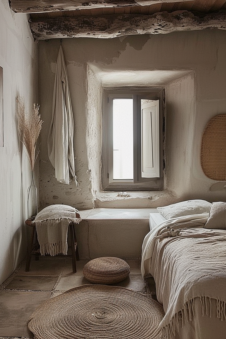 The image shows a cozy bedroom with a rustic aesthetic. Direct sunlight is pouring in through the window, illuminating the textured walls and creating a warm, inviting atmosphere. The room is decorated with earthy tones and natural materials, evoking a sense of serenity. On the left, there's a tall vase holding dried pampas grass. Next to it hangs a long piece of fabric, perhaps a scarf or light throw. There's a small wooden stool with a fringed textile draped over it, and just beneath the window sill sits a round cushion, possibly for seating. The floor is adorned with a large circular woven rug that centers the space. To the right of the window, a bed is neatly made with crisp linen bedding and a fringed throw at the foot. Overall, the room gives off a vibe of simplicity and tranquility, perfect for relaxation and reflection. Alt text: Rustic bedroom with natural decor, sunlight streaming through the window, and cozy textiles.