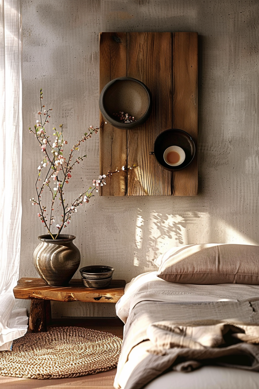 The image shows a cozy and tranquil corner of a room with a rustic and natural aesthetic. Sunlight sifts through a window, casting a pattern of shadows on a concrete wall. Attached to the wall is a wooden board hosting a small arrangement of ceramic bowls and a cup, with a decorative branch reaching out from one bowl, bringing a touch of nature inside. Below the wooden board, a stout, dark vase on a robust wooden bench holds a delicate arrangement of flowering branches, adding a splash of color and life to the scene. Beside the vase are more ceramic bowls, contributing to the harmonious, carefully curated collection of items. A comfortable-looking bed occupies the foreground, with plush, earth-toned linens inviting relaxation. At the foot of the bed, on the floor, rests a braided round rug, creating a soft texture and completing the warm, welcoming environment. The composition of the image with its soft lighting and gentle shadows, along with the natural materials and flora, suggest a peaceful retreat, possibly hinting at a slower, mindful lifestyle focused on simplicity and the beauty of the natural world.