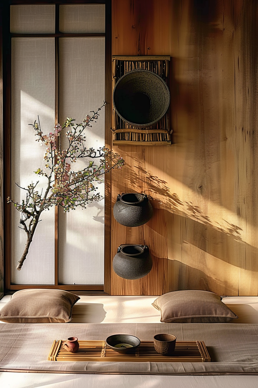 The image displays a tranquil and traditionally-inspired Japanese room setting. Sunlight filters in through shoji screens, casting a warm, gentle light on the wooden floor and walls, and a blooming cherry blossom branch introduces a delicate touch of nature. A tea setting awaits on a low bamboo table, complete with a tea pot and two cups, suggesting a quiet moment for a tea ceremony. On the wall, two dark-colored ceramic pots are mounted decoratively. An arrangement of floor cushions indicates a space for seating and leisure. The room embodies a minimalist aesthetic, promoting a sense of peace and simplicity.