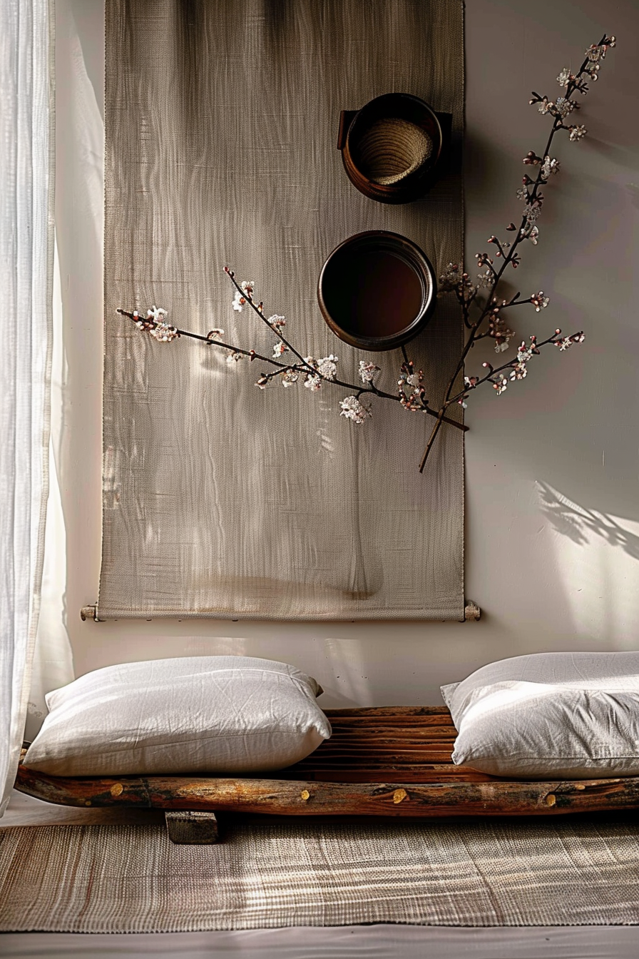 The scene is serene and has a minimalist aesthetic. Natural light flows through a translucent curtain, casting soft shadows on a textured wall. A traditional Japanese tatami mat lies on the floor, grounding the tranquil space. A low, wooden platform bed, presumably made from rustic wood, supports two fluffy white pillows, inviting rest. Above the bed, a roll-down window shade is partly drawn, and on it sits a dark ceramic bowl beside a smaller woven basket. A delicate cherry blossom branch with pink and white flowers lies across the shade, adding a touch of natural elegance to the setup. The composition of elements conveys a sense of peace and simplicity, typical of a Japanese-inspired interior. For the ALT text: A cozy Japanese-style corner with soft lighting, featuring a low wooden bed with white pillows, a tatami mat, and a cherry blossom branch over a window shade with a ceramic bowl and a woven basket.