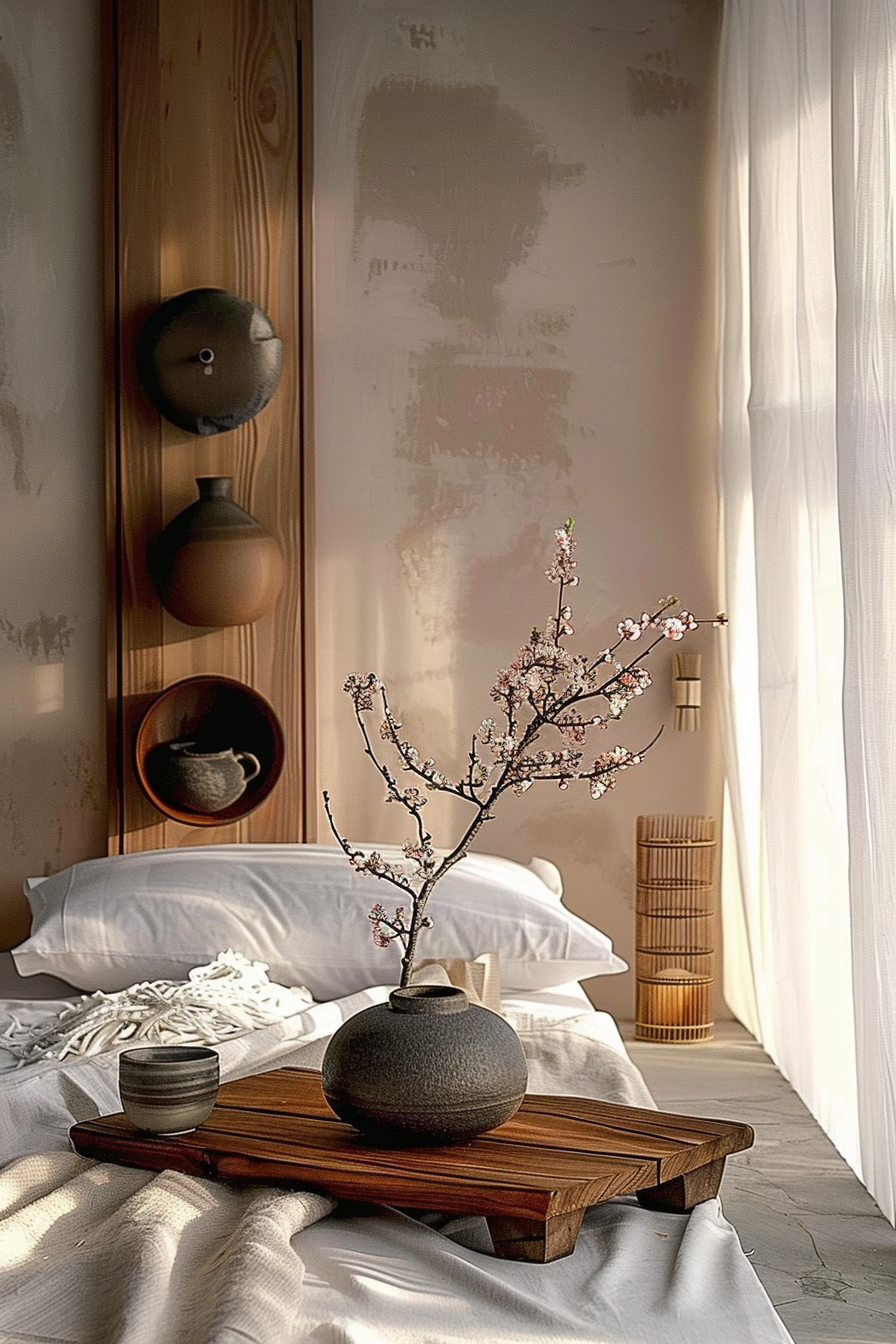 The image displays a peaceful and well-decorated bedroom interior in soothing earth tones. A bed with white linen is partly visible on the right, suggesting a comfortable and serene resting area. In the foreground, a rustic wooden tray rests on the bed, holding a textured grey vase with delicate blooming cherry blossoms. Alongside the vase, there's a small matching ceramic cup. On the wall, three circular niches hold various pottery pieces, adding to the room's minimalist yet cultured aesthetic. A soft glow possibly from morning light filters through the sheer white curtain on the right, illuminating the room with a warm ambiance. A partially visible bamboo-like object next to the curtain contributes to the natural theme of the décor. The overall atmosphere hints at a tranquil setting with a focus on natural elements and simplicity.