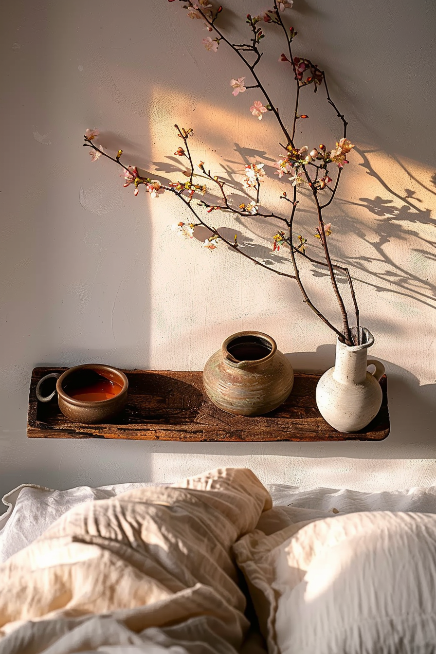 The image captures a tranquil scene with warm natural light spilling onto a textured wall. A single shelf is mounted on the wall, upon which rests a trio of pottery pieces: a shallow bowl containing a liquid that could be tea, a round vase, and a tall, slender vessel holding delicate branches that burst with pink blossoms. The flowers cast a detailed shadow dance on the wall, mimicking the branches and blooms in a delicate play of light and dark. Below the shelf, the top edge of a bed is visible, with crumpled linen sheets and a rumpled duvet suggesting a serene, lived-in space. The composition exudes a sense of peacefulness and simple beauty.