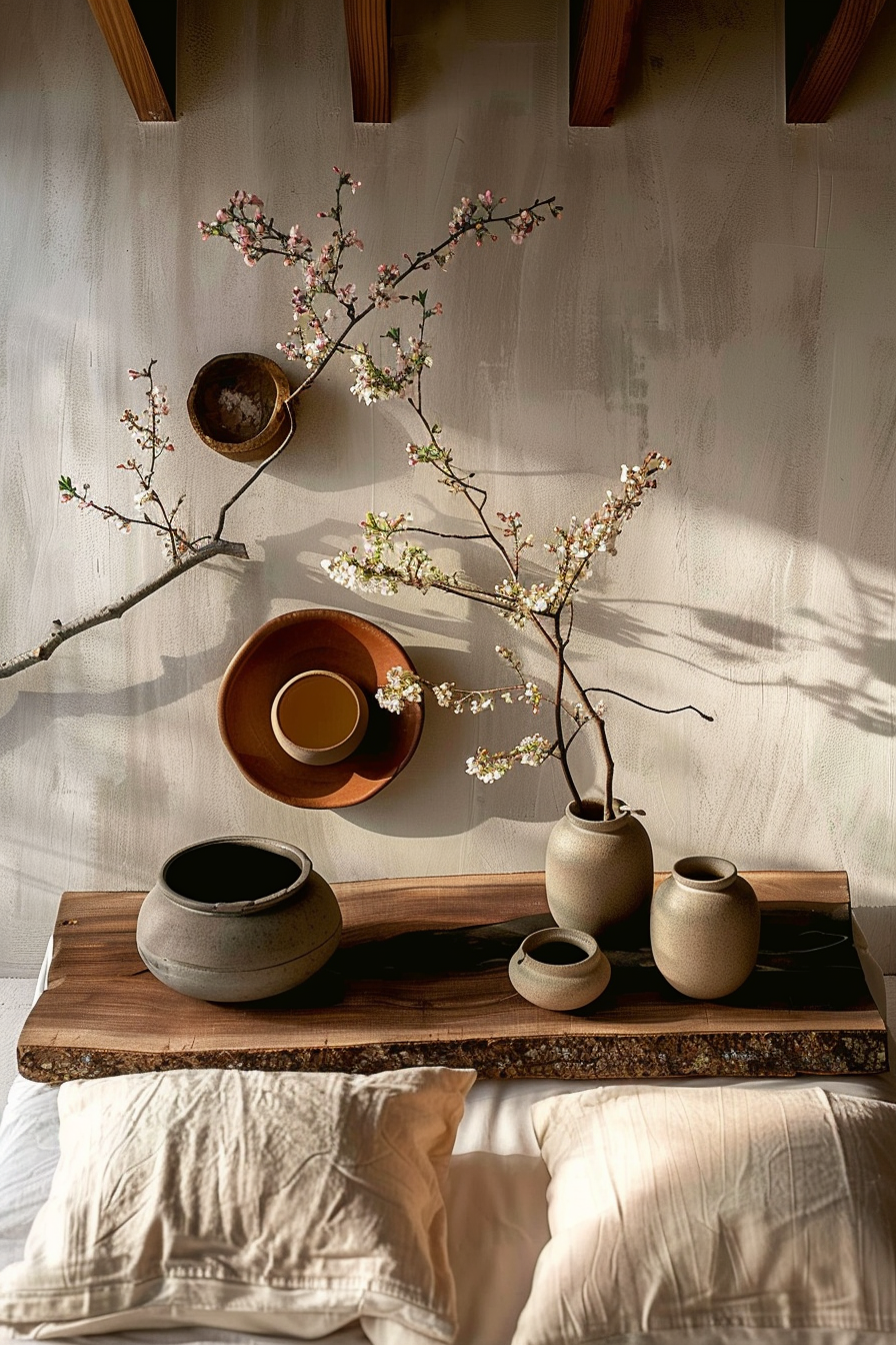 The scene presents a tranquil, rustic display situated on a wooden bench. There's a beautiful arrangement of cherry blossoms extending from a ceramic vase, creating a natural and artistic focal point. Beside the vase, three different sized clay pots sit in harmony, one of which is positioned on its side for an organic feel. On a wooden plate, there is a cup of tea, which adds a touch of warmth to the setting. In the foreground, soft light cascades through the blossoms, casting intricate shadows on the textured wall behind, which is painted in a muted tone to complement the earthy colors of the ceramics. A patterned throw peeks out beneath the bench, while two light-colored pillows rest against it, inviting a sense of comfort and peace. The arrangement and the natural light work together to create a serene and contemplative atmosphere.