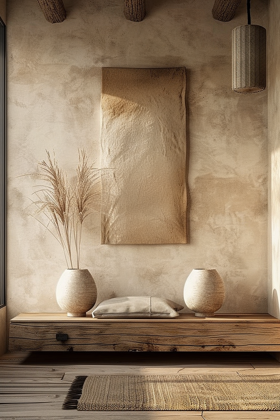 The image shows a serene and minimalist interior scene. A rustic wooden bench takes up the lower half of the image, with a light-colored cushion resting on top. To the left, atop the bench, is a textured vase containing tall, dried grasses, contributing to the natural and earthy aesthetic. The wall behind the bench is a warm beige with subtle textures, and hanging above the bench is a piece of canvas art, unframed and abstract in its simplicity. On the right, another textured vase without any contents balances the composition. Above this scene hangs a single, cylindrical pendant lamp with a textured exterior, softly illuminating the space. A woven rug lies neatly on the wooden floor in the foreground, completing the tranquil and organic atmosphere of the setting. This setting suggests a calm and contemplative space, possibly within a home or a relaxation area in a spa or resort.