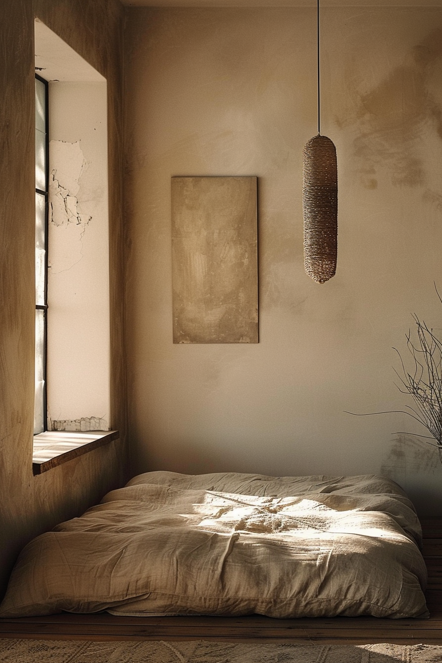 The image displays a cozy bedroom bathed in the warm glow of natural light filtering through a window. The window's outline is visible, with subtle shadows cast on the wall, which has a textured finish and a slight patina. There are visible cracks and peeling on the wall surface, giving the room a rustic charm. In the left portion of the image, a narrow sill or built-in bench is partially lit by sunlight. A pendant light with a textured cover suspends from the ceiling, adding a modern touch to the room's earthy tones. Against the right wall stands a large, unframed canvas, its surface bearing a textured, monochrome finish that complements the wall's aesthetic. Dominating the lower section of the image is a bed with rumpled, light-colored linens that glisten in the sun, looking soft and inviting. The bed is positioned on a wooden floor, where a portion of a patterned rug is peeking out at the bottom of the frame. To the right of the bed, a bunch of dried twigs or branches in a vase add a touch of natural décor to the scene, reinforcing the earthy, calm atmosphere of the bedroom. The lighting and carefully selected decor create a serene and meditative space that evokes simplicity and warmth.