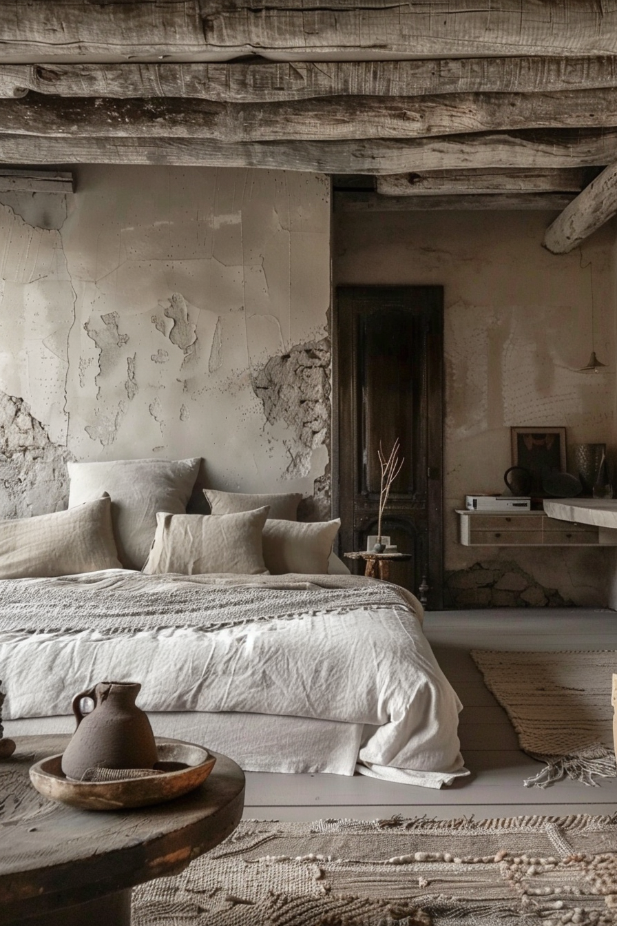 The image shows a rustic-style bedroom with a cozy and vintage ambiance. The room features a large bed dressed in off-white bedding, multiple plush pillows, and a textured throw. The bed is made of simple, unadorned wood and appears inviting. The walls of the room show signs of wear with peeling paint and exposed plaster, enhancing the old-world charm of the space. A dark wooden door stands ajar in the background, adding depth and suggesting an adjoining room. To the right of the bed, there's a small, built-in wooden shelf displaying various objects, like a mirror, books, and decorative items, including a pitcher. A wood-beamed ceiling reinforces the rustic atmosphere, and a couple of dried branches in a vase sit atop a round wooden stool by the bed, contributing to the natural, earthy elements of the décor. In front of the bed, a circular, rustic wooden table holds a clay pitcher and bowl, emphasizing the room's vintage character. The flooring is light-colored wood, and a textured area rug lies between the bed and the table, featuring a woven pattern and fringed edges, which complements the room's neutral color palette. The lighting is soft and diffused, suggesting either early morning or late afternoon, creating a tranquil and serene mood. Overall, the scene is one of peaceful, understated elegance with strong ties to natural materials and textures, reflecting a serene and timeless retreat.
