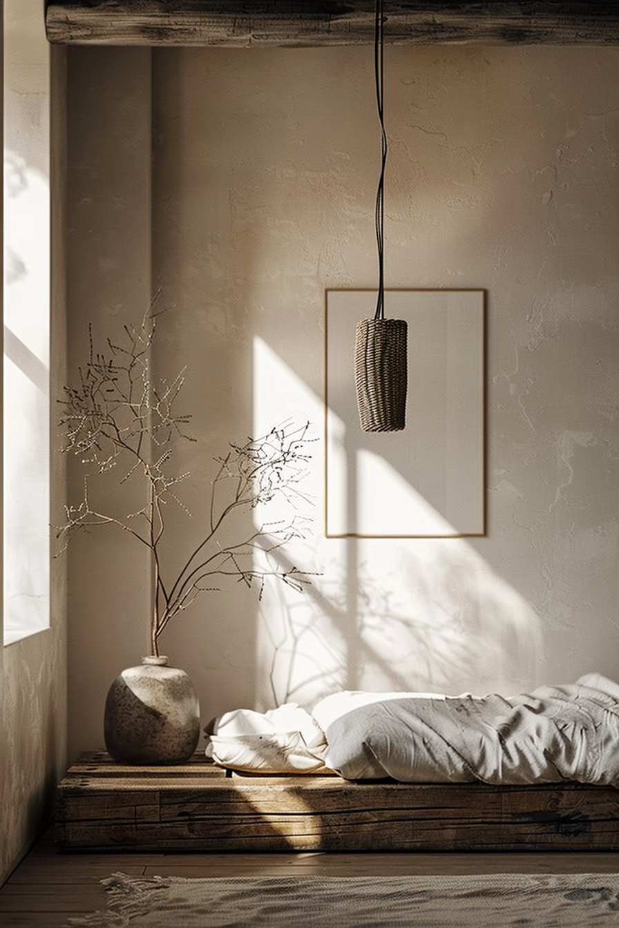 The image shows a serene and stylishly minimalistic interior scene. Warm sunlight filters through a window casting geometric shadows and a soft glow on a rustic but modern low wooden bed platform that supports a crumpled white linen bedsheet, suggesting an inviting and relaxed atmosphere. Above the bed, hanging from a black cord is a woven pendant light, which adds an organic texture and a chic design element to the space. To the left, a stout vase with dried branches stands on the floor, contributing to the room's rustic charm and bringing in a touch of nature. The contrast between light and shadow, the use of natural materials, and the overall simplicity of the decor create an image of peacefulness and contemporary elegance.