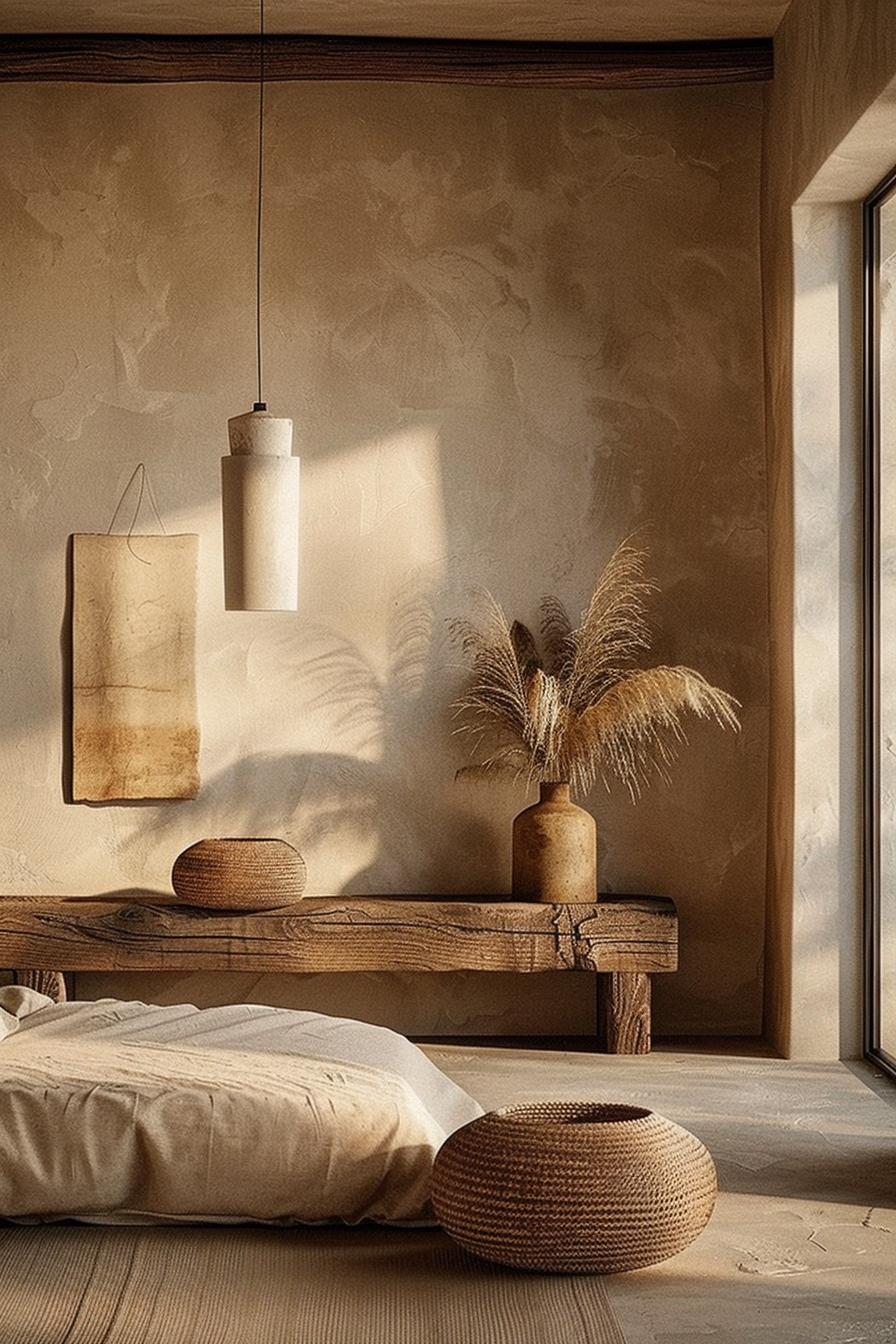 A cozy, earth-toned interior scene is captured here with a focus on natural materials and textures. A rough-hewn wooden bench is adorned with a vase holding wispy dried grasses, adding a touch of nature to the space. Hanging above the bench, a pendant light pairs with two wall-mounted paper scrolls that contribute to the room's rustic aesthetic. The soft glow from the window creates patterns on the wall, enhancing the serene and warm atmosphere. A cushioned floor pillow and a woven round basket sit on the sandy-colored floor, inviting one to sit and unwind in this tranquil corner.