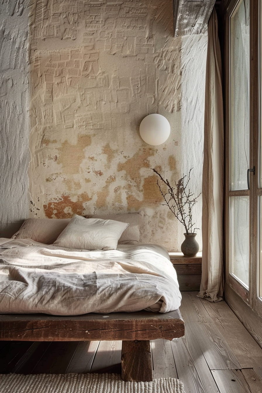 The image shows a rustic bedroom with a natural and distressed aesthetic. The focal point is a bed with a wooden base and simple linen bedding in light tones. Above the bed, the wall is textured and features patches of exposed brickwork, giving it a worn, vintage look. A singular, round white wall lamp hangs to the side of the bed. To the right, near the wooden-framed window that introduces natural light into the room, there's a vase with a few dried branches placed on a narrow windowsill. The flooring consists of wide plank wood, complementing the overall organic and minimalist vibe of the space. The scene exudes a calm and serene ambiance with a strong emphasis on natural materials and textures.