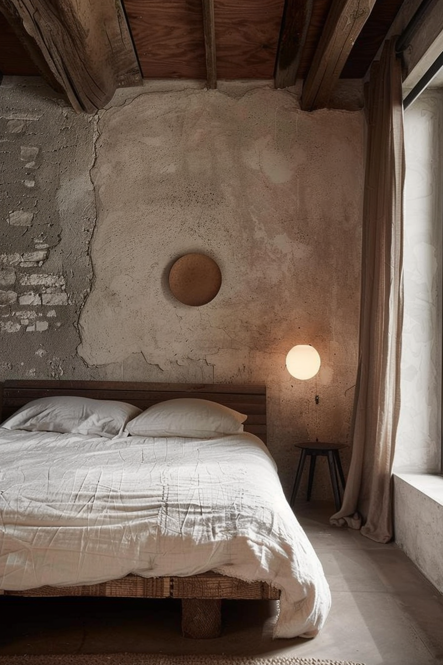 The scene is a rustic and minimalist bedroom featuring an unmade bed with white linens placed on an elevated platform with a woven base. The room has an old-world charm with exposed wooden beams on the ceiling and a rough, unfinished concrete wall that has a small round indentation. An ambient spherical wall light casts a soft glow on the wall. The floor appears to be made of a similar concrete material to the wall, contributing to the overall raw and textured aesthetic of the space. A simple wooden stool stands next to the bed, and delicate sheer curtains are partly visible, suggesting a window that may be bringing in natural light. The overall atmosphere of the bedroom is one of tranquil simplicity.