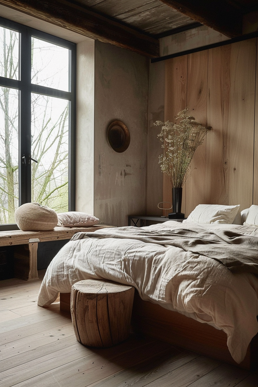 The image shows a cozy bedroom with a rustic and minimalist aesthetic. The room features an unmade bed with a simple wooden frame and beige linens, emphasizing an inviting, lived-in look. A plush pillow rests on the wooden floor, suggesting a casual, relaxed atmosphere. Natural wood textures are prominent in the space, visible on the walls, ceiling beams, and floor, creating a cohesive, warm environment. A black-framed window allows natural light to enter, highlighting the room's organic materials and muted color palette. Beside the bed stands a sleek bedside table with a round mirror on it, and a tall, thin vase hosting a bouquet of dried plants adds a touch of nature. In the foreground, a wooden stump serves as a unique, rustic side table or seat, contributing to the room's earthy charm. The overall feel of the scene is one of tranquil simplicity, a retreat from the bustling outside world.