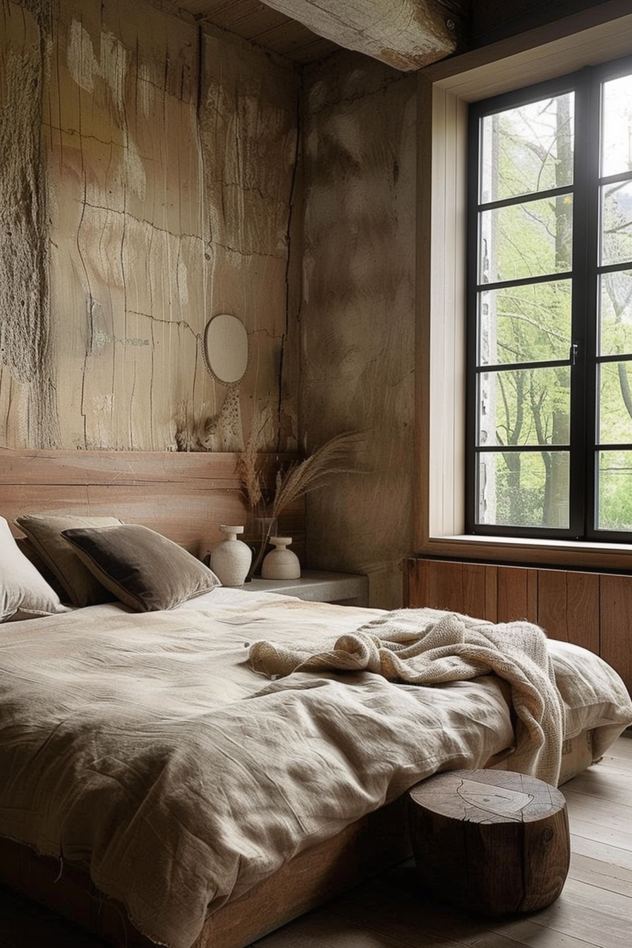 The image shows a rustic and cozy bedroom with a natural and somewhat unfinished aesthetic. The room features a large bed with a wooden frame, dressed in casual linen bedding in neutral tones. The walls have an organic, textural finish with visible streaks and a raw, earthy plaster or paint treatment. A wooden bedside stump functions as a nightstand beside the bed. Various simple decorative elements, such as a round mirror, two vases, and dried pampas grass, add to the room's minimalistic charm. Natural light filters through the large window, which offers a verdant view of trees outside, creating a serene and inviting atmosphere. The overall design conveys a sense of simplicity, warmth, and connection to nature.